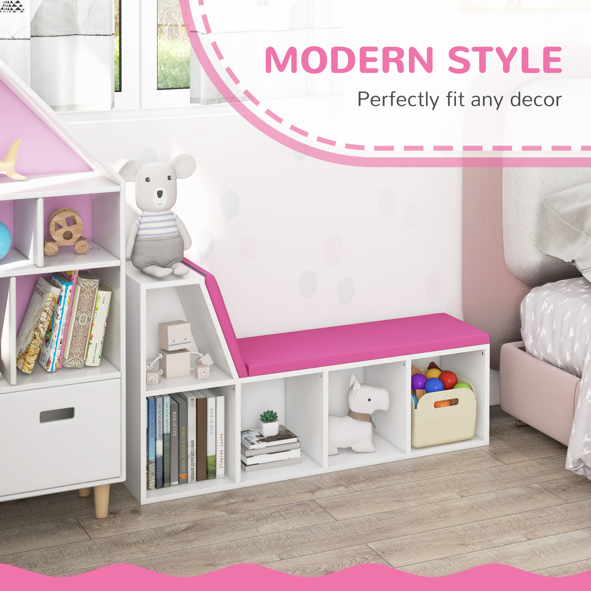 5-Cube Bookcase with Reading Nook Bench - Pink-Home Furnishings > Storage & Organization > Bookshelves & Bookcases > Small Bookshelves-DECOROLALA