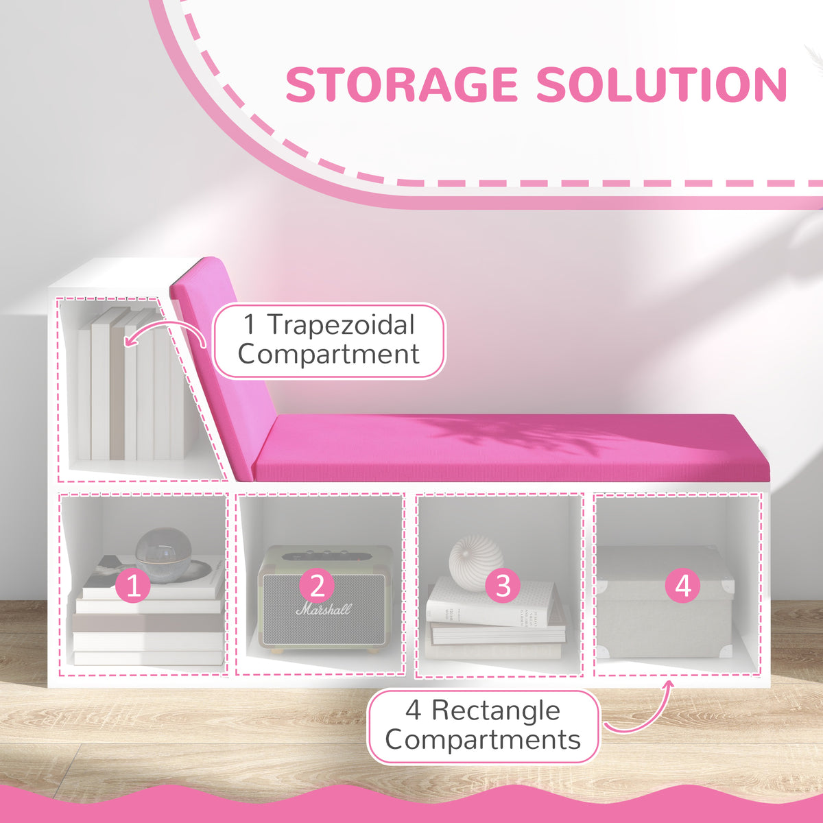 5-Cube Bookcase with Reading Nook Bench - Pink-Home Furnishings > Storage & Organization > Bookshelves & Bookcases > Small Bookshelves-DECOROLALA