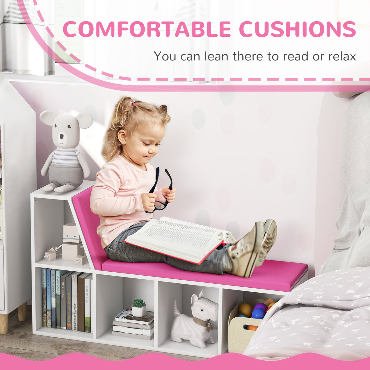 5-Cube Bookcase with Reading Nook Bench - Pink-Home Furnishings > Storage & Organization > Bookshelves & Bookcases > Small Bookshelves-DECOROLALA