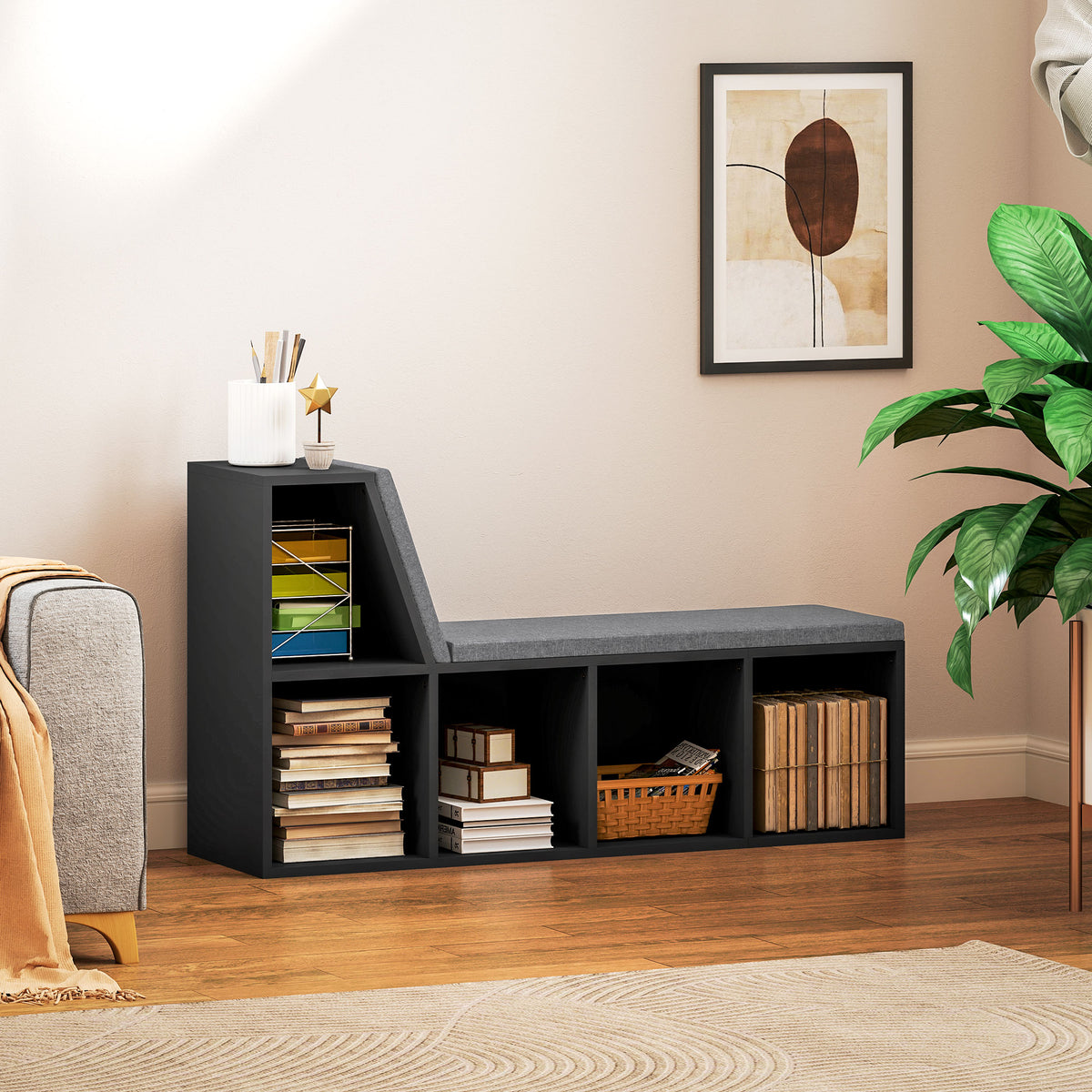5-Cube Bookcase with Reading Nook - Distressed Black-Bookcases & Shelving-DECOROLALA