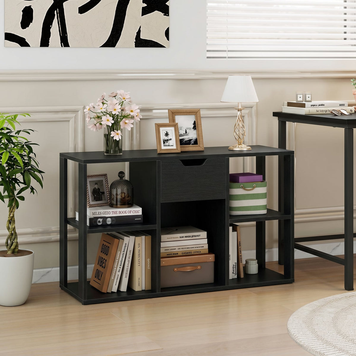 5-Cube Bookcase with Storage Drawer Freestanding Bookshelf Modern Display Rack-Black-Bookcases-DECOROLALA