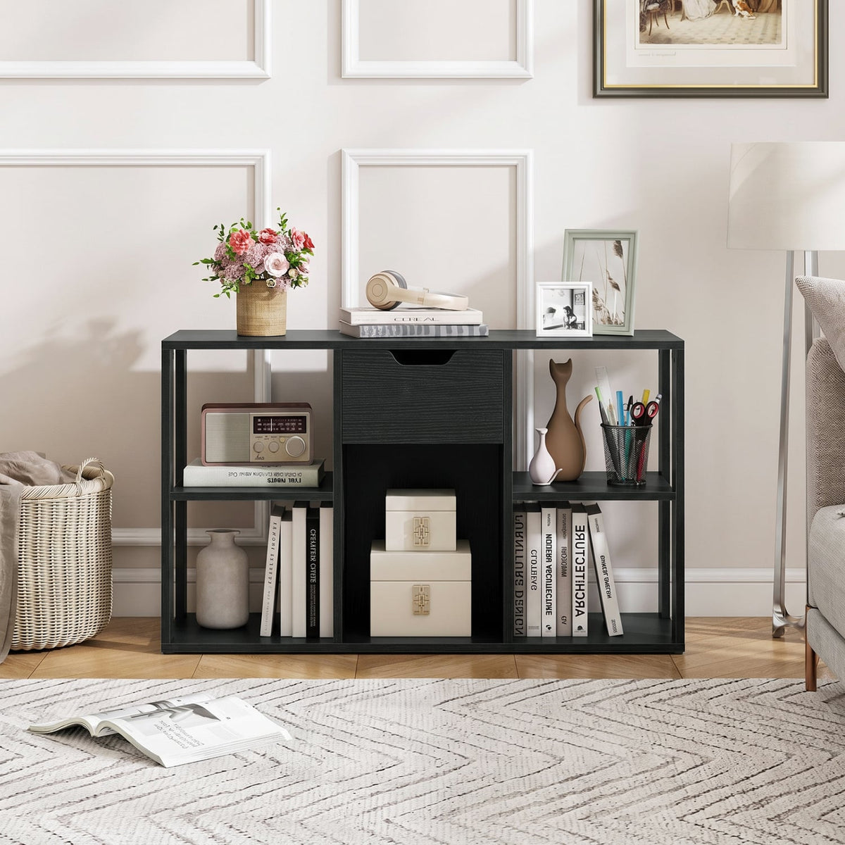 5-Cube Bookcase with Storage Drawer Freestanding Bookshelf Modern Display Rack-Black-Bookcases-DECOROLALA