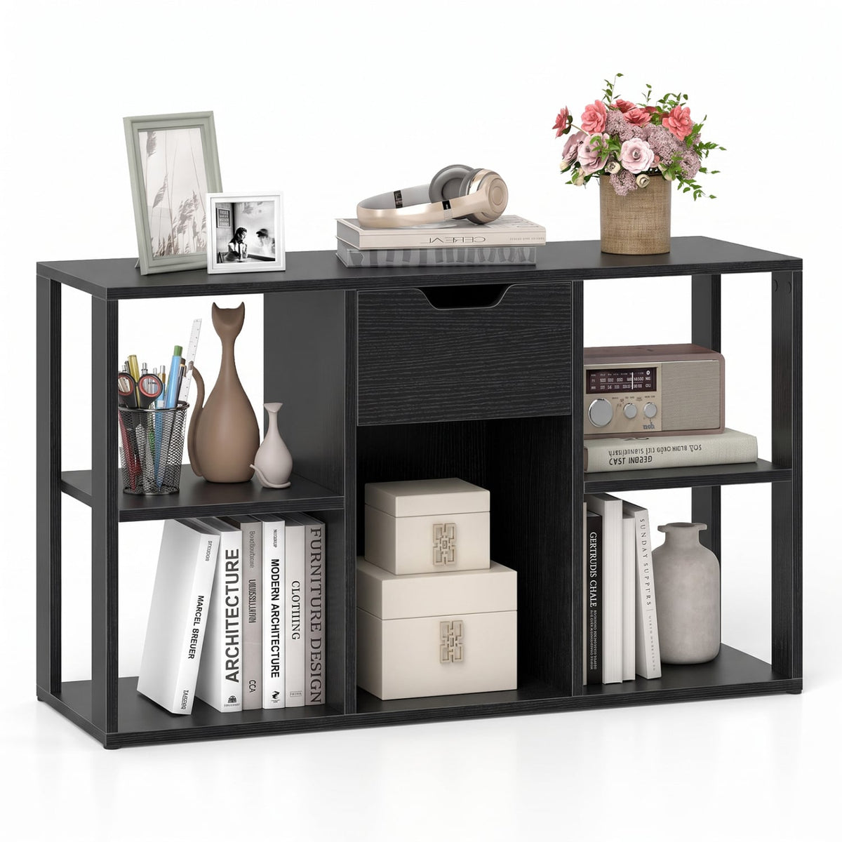 5-Cube Bookcase with Storage Drawer Freestanding Bookshelf Modern Display Rack-Black-Bookcases-DECOROLALA
