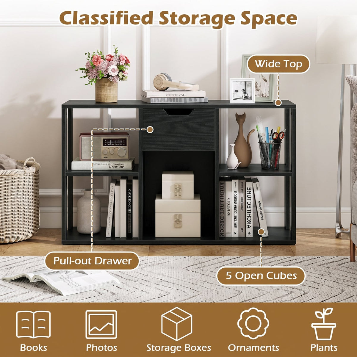5-Cube Bookcase with Storage Drawer Freestanding Bookshelf Modern Display Rack-Black-Bookcases-DECOROLALA