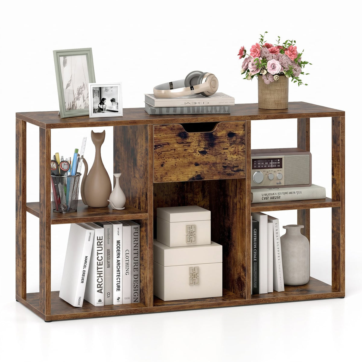 5-Cube Bookcase with Storage Drawer Freestanding Bookshelf Modern Display Rack-Rustic Brown-Bookcases-DECOROLALA