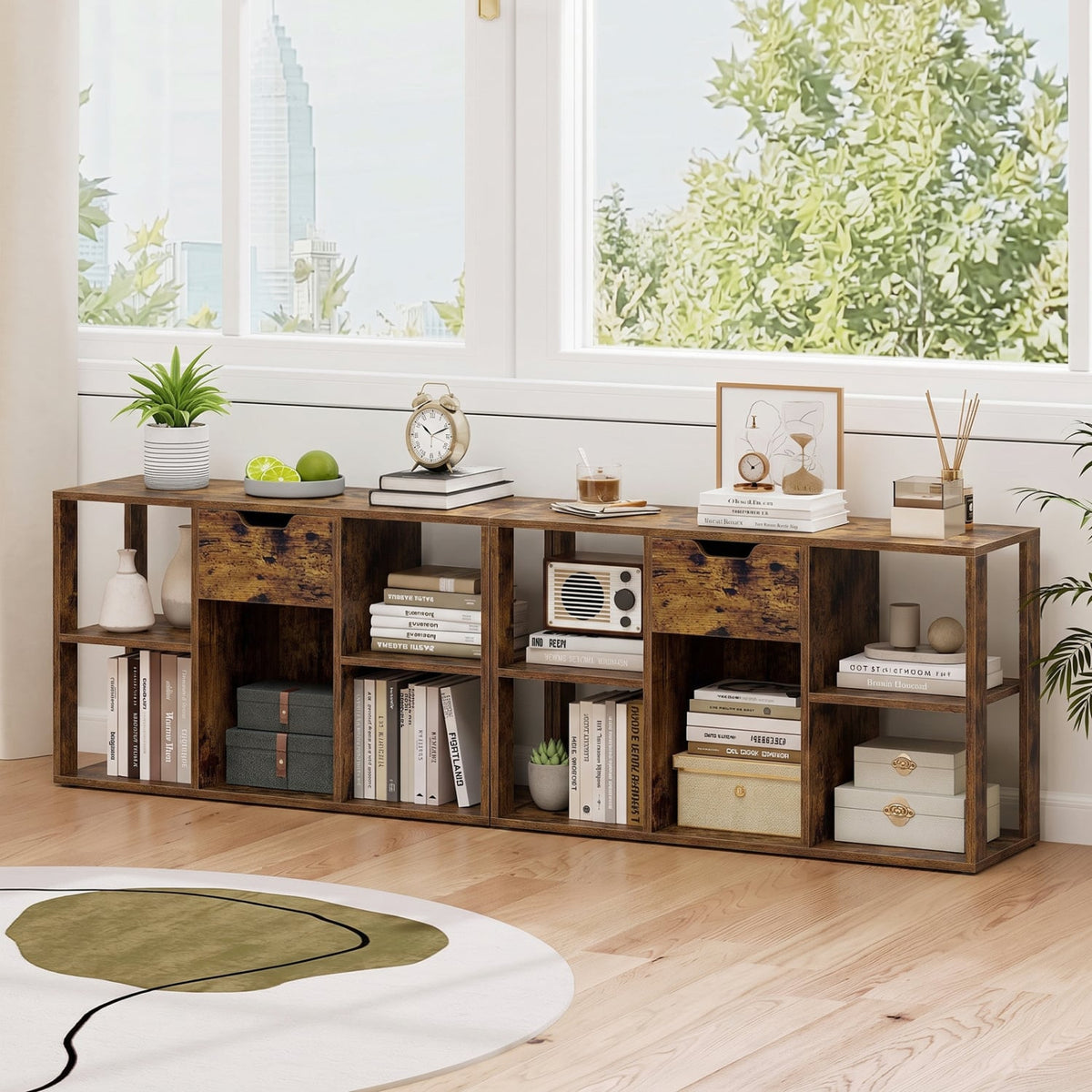 5-Cube Bookcase with Storage Drawer Freestanding Bookshelf Modern Display Rack-Rustic Brown-Bookcases-DECOROLALA