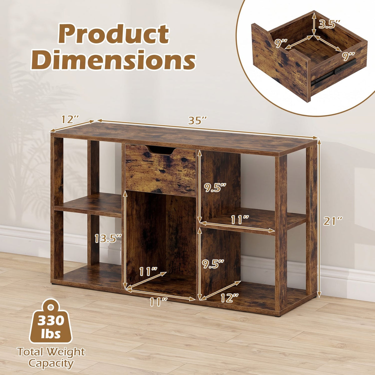5-Cube Bookcase with Storage Drawer Freestanding Bookshelf Modern Display Rack-Rustic Brown-Bookcases-DECOROLALA