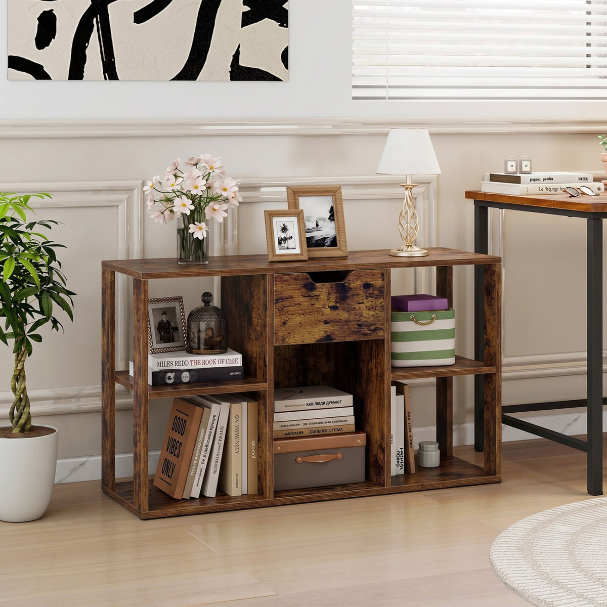 5-Cube Bookcase with Storage Drawer Freestanding Bookshelf Modern Display Rack-Rustic Brown-Bookcases-DECOROLALA