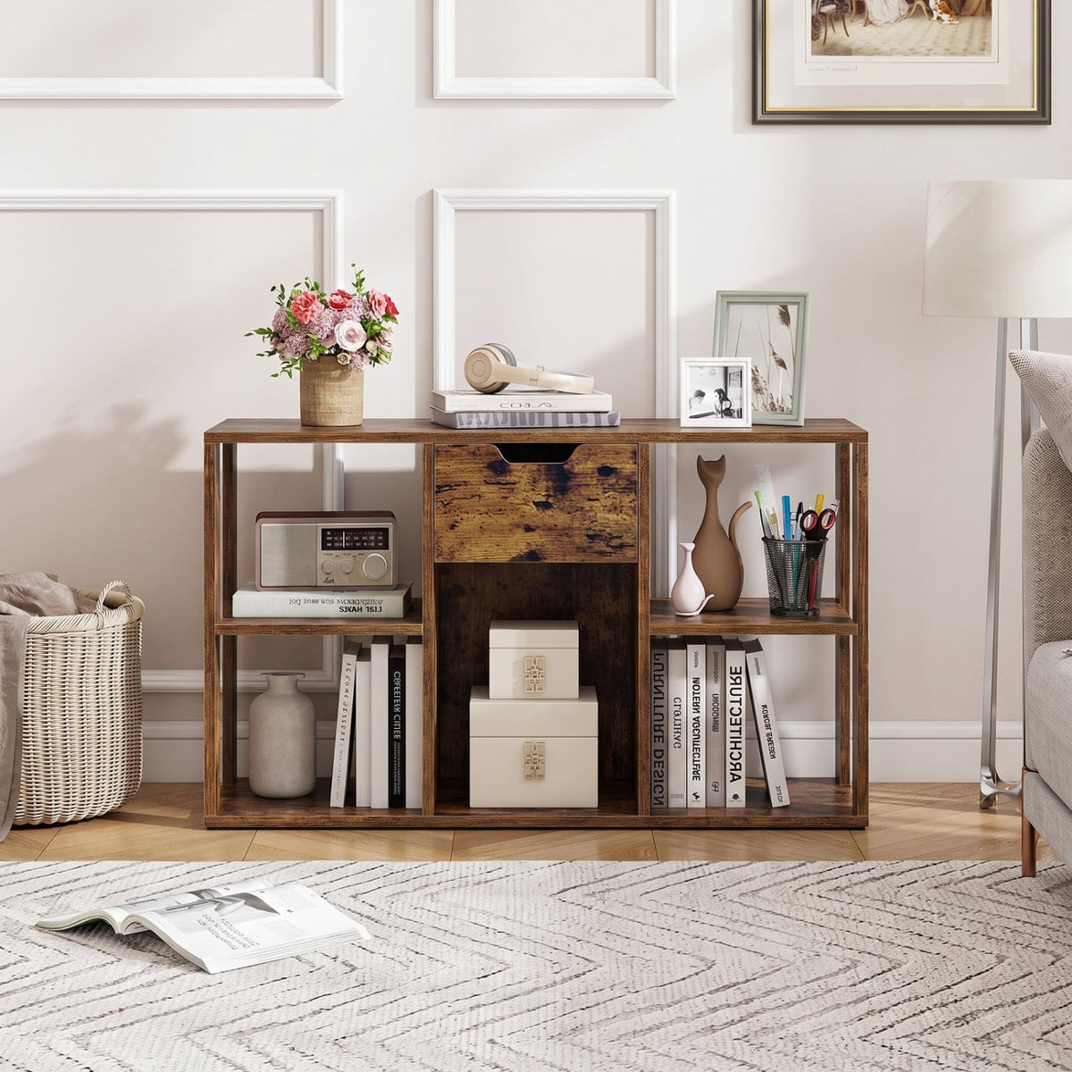 5-Cube Bookcase with Storage Drawer Freestanding Bookshelf Modern Display Rack-Rustic Brown-Bookcases-DECOROLALA