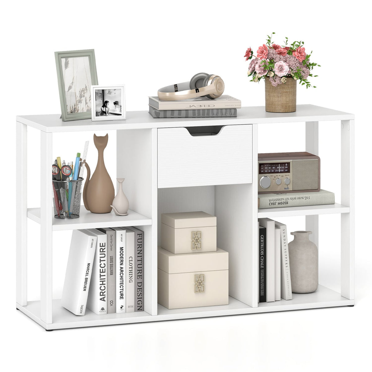 5-Cube Bookcase with Storage Drawer Freestanding Bookshelf Modern Display Rack-White-Bookcases-DECOROLALA