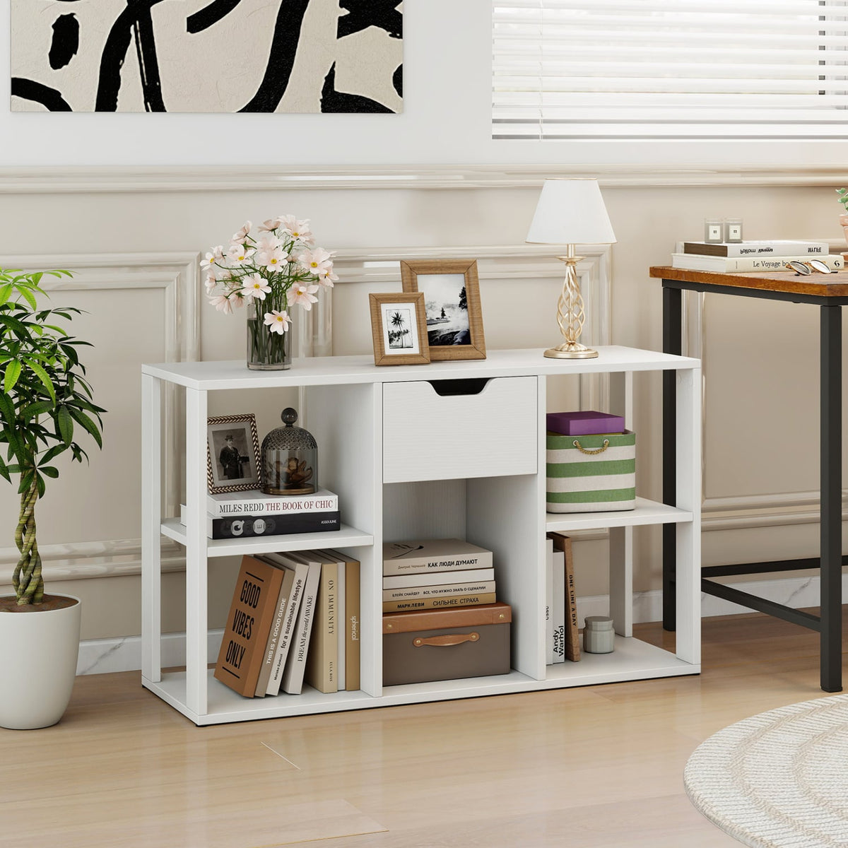 5-Cube Bookcase with Storage Drawer Freestanding Bookshelf Modern Display Rack-White-Bookcases-DECOROLALA