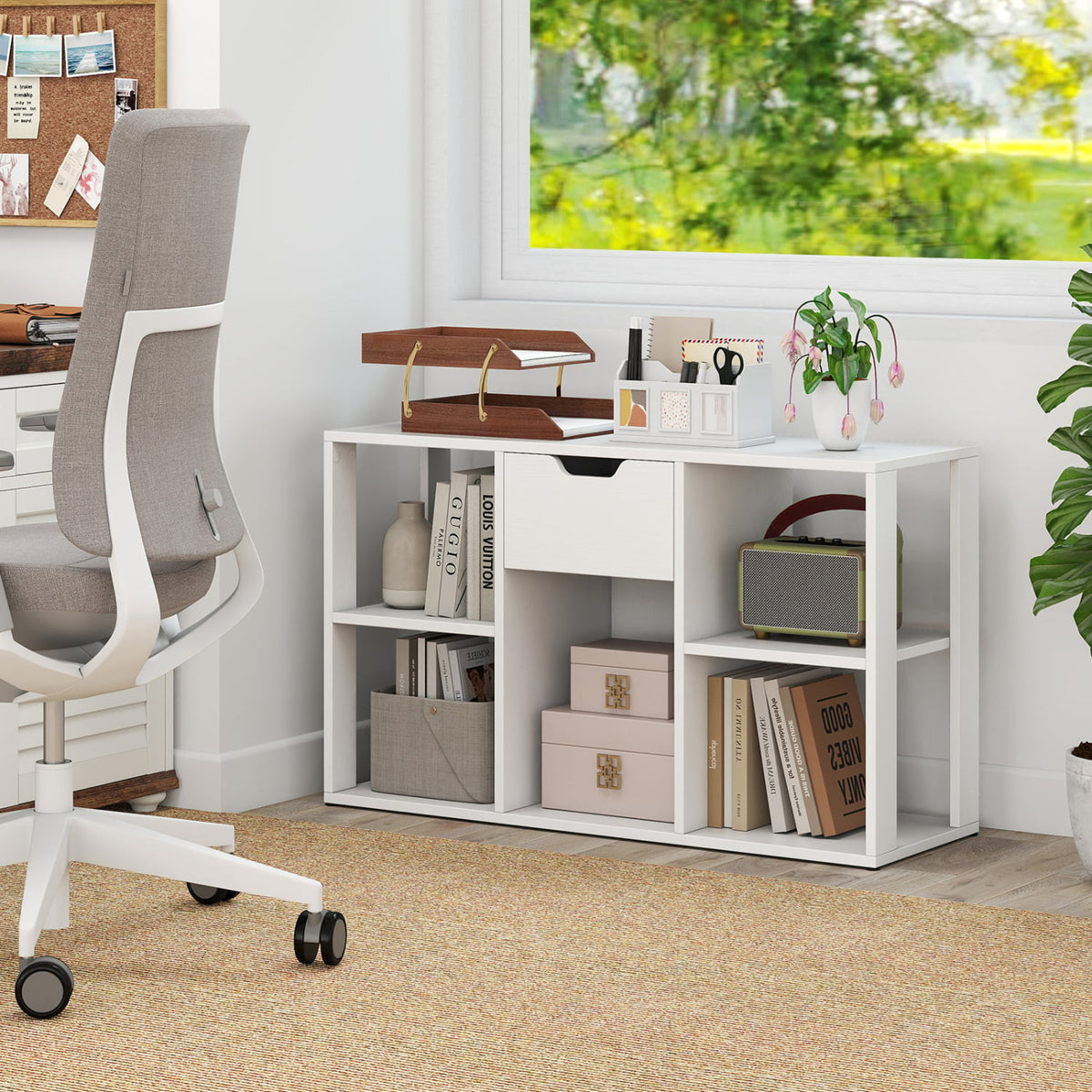 5-Cube Bookcase with Storage Drawer Freestanding Bookshelf Modern Display Rack-White-Bookcases-DECOROLALA