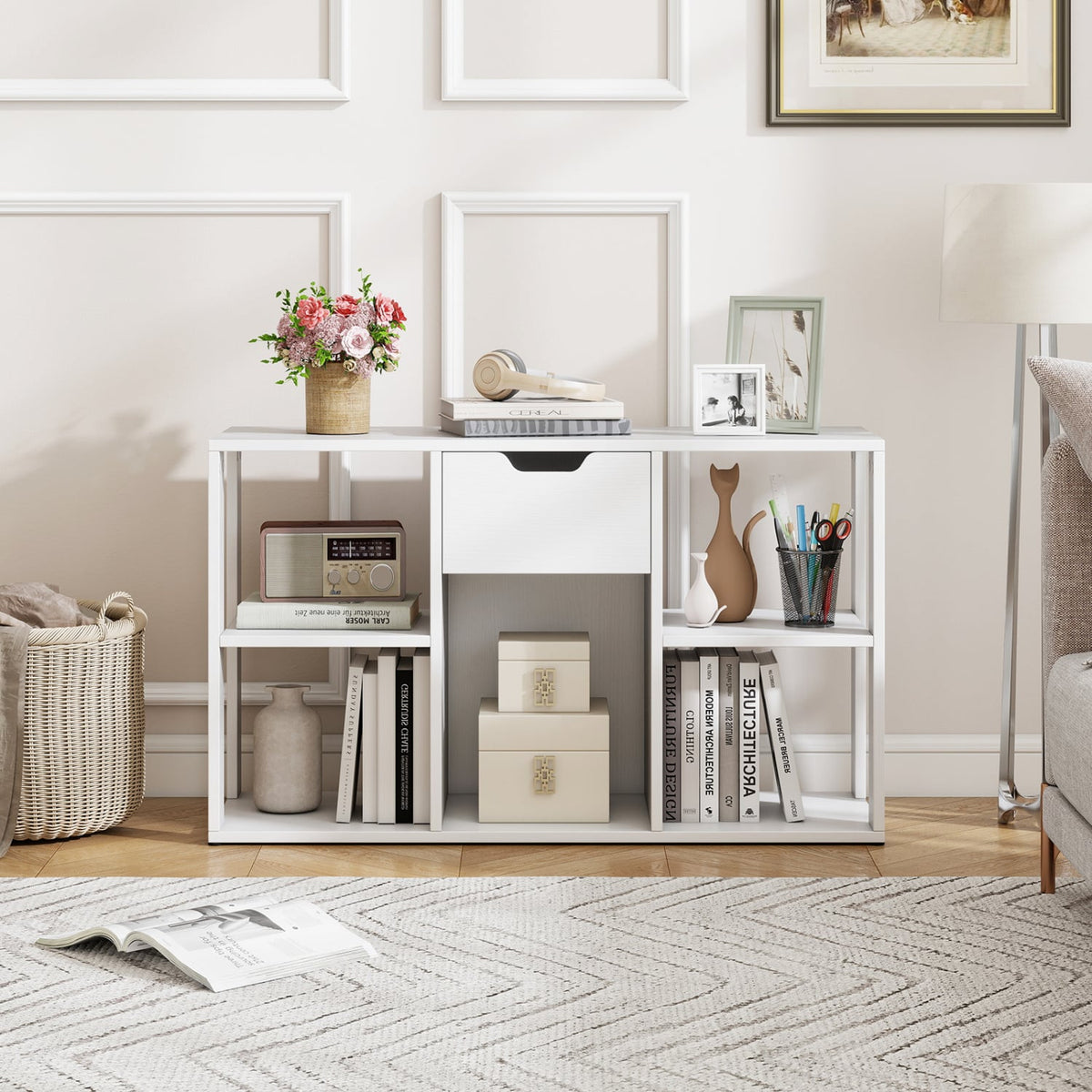 5-Cube Bookcase with Storage Drawer Freestanding Bookshelf Modern Display Rack-White-Bookcases-DECOROLALA