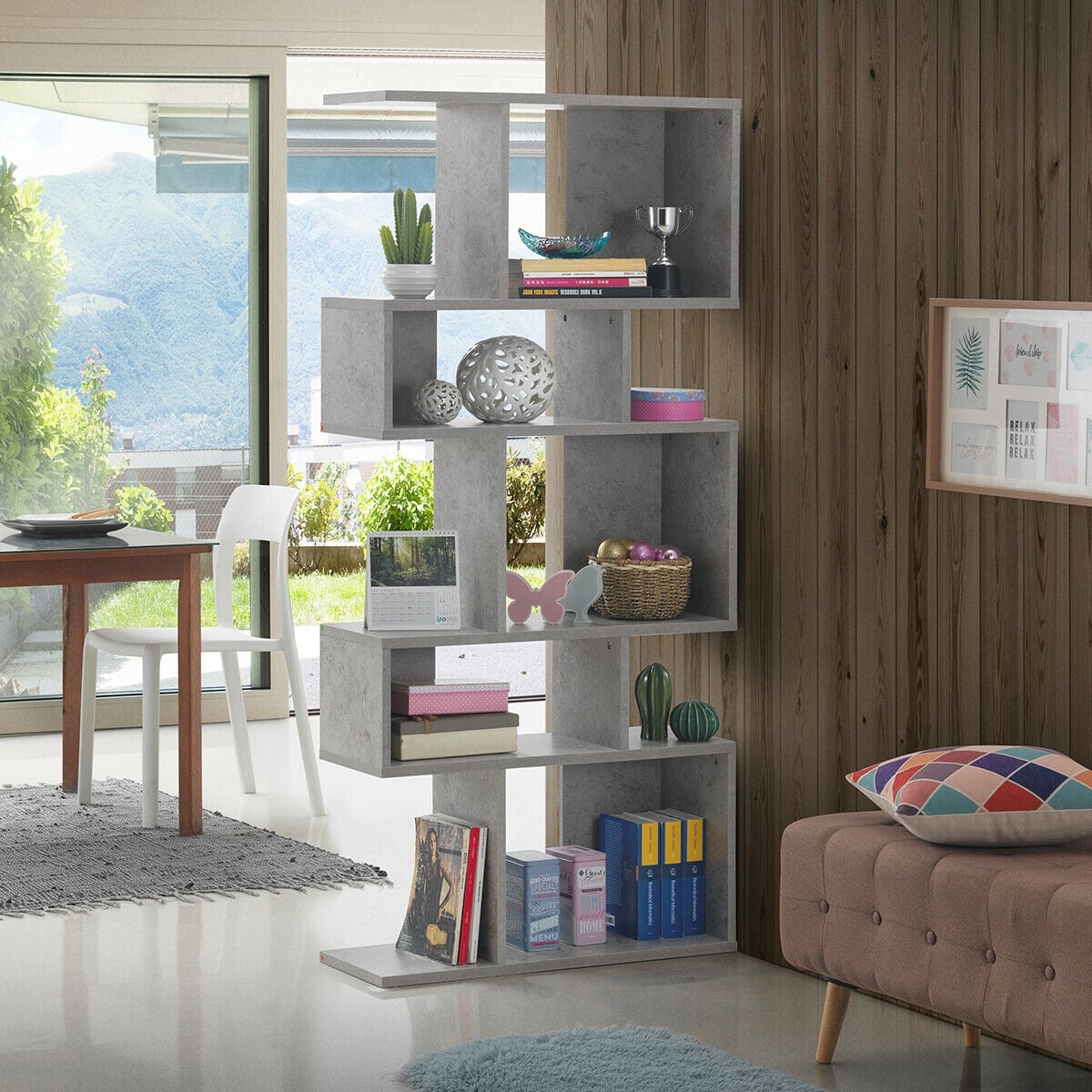 5 Cubes Ladder Shelf Corner Bookshelf Display Rack Bookcase-Gray-Bookcases-DECOROLALA
