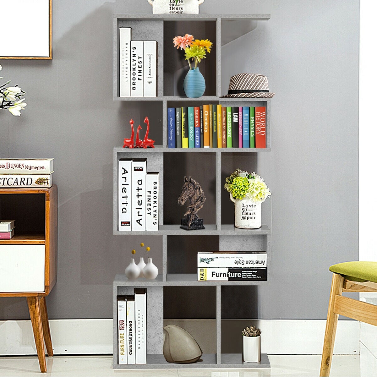 5 Cubes Ladder Shelf Corner Bookshelf Display Rack Bookcase-Gray-Bookcases-DECOROLALA