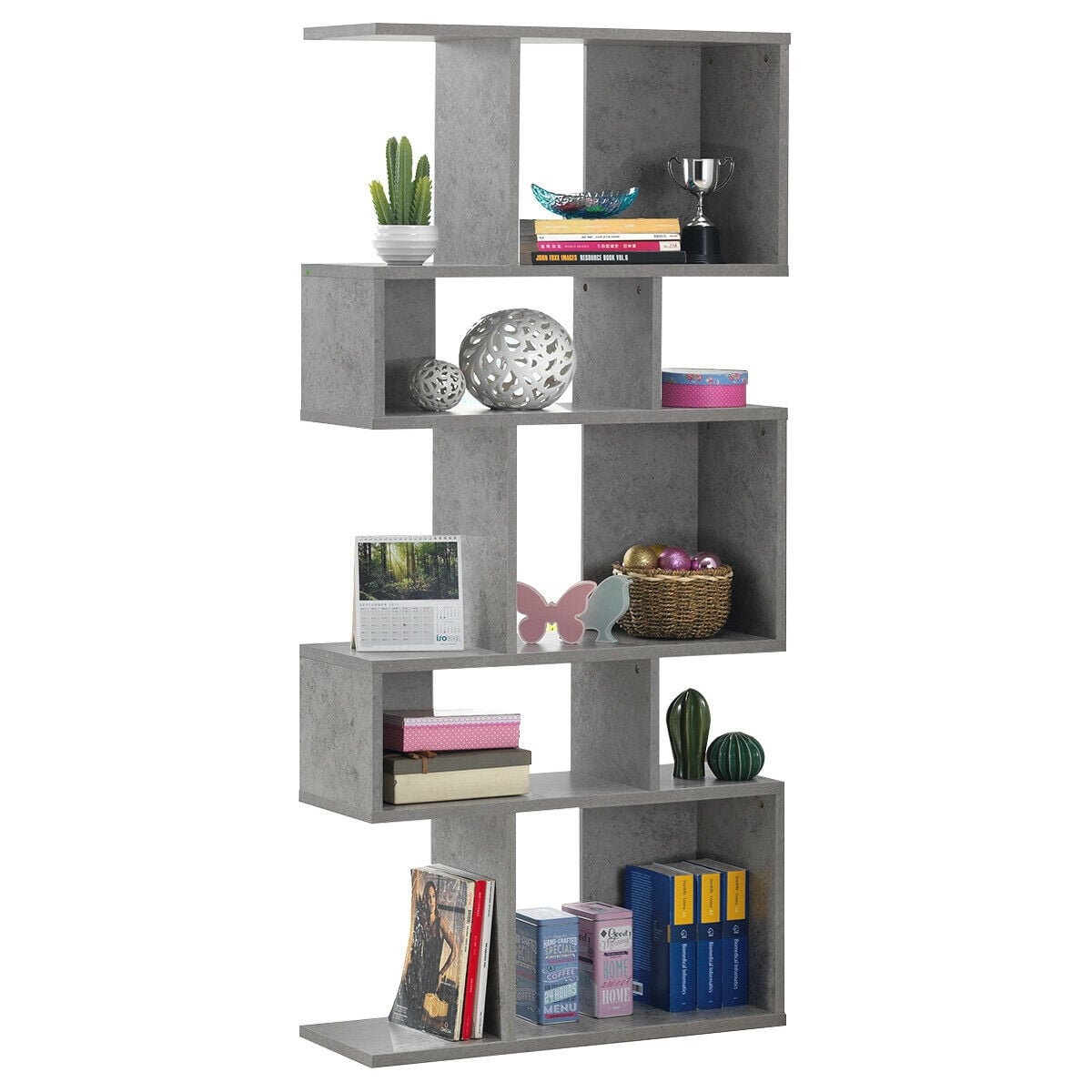 5 Cubes Ladder Shelf Corner Bookshelf Display Rack Bookcase-Gray-Bookcases-DECOROLALA