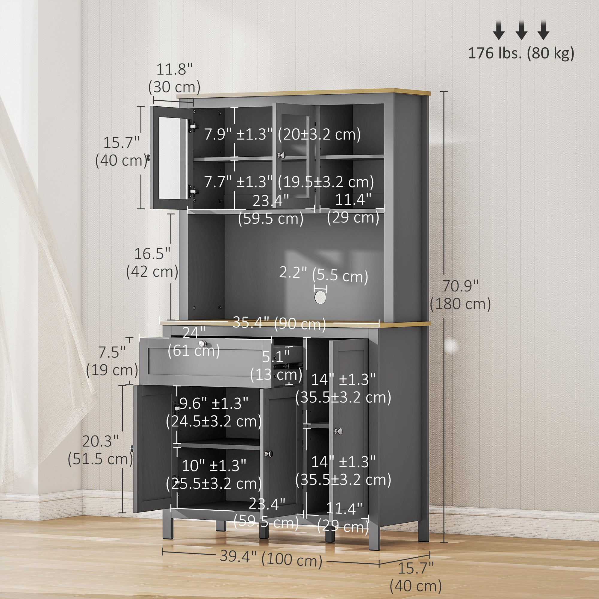 5-Door Kitchen Pantry Cabinet, Grey MDF Storage, 71" Adjustable Shelves-DECOROLALA
