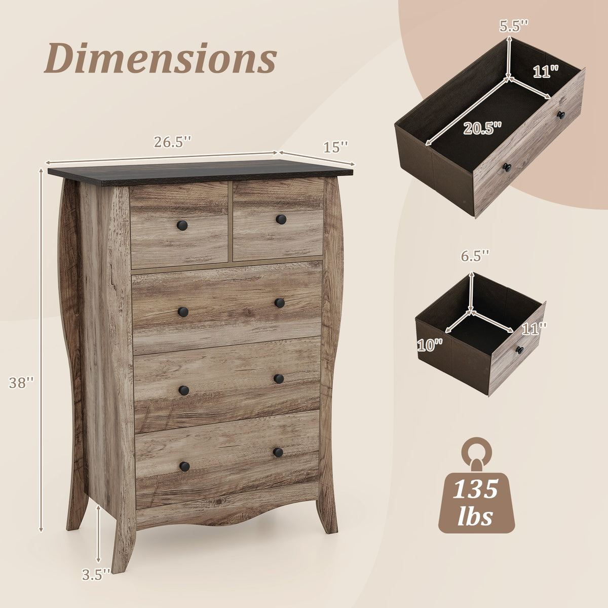 5-Drawer Dresser - Brown (min order qty 2)-Dressers & Chests-DECOROLALA