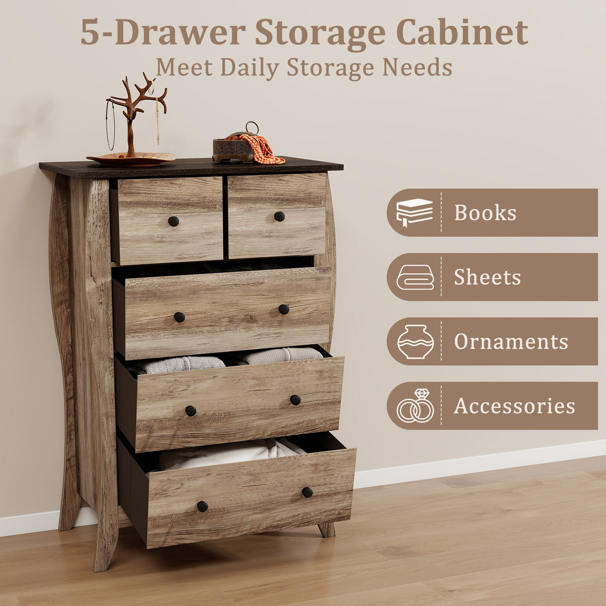 5-Drawer Dresser - Brown (min order qty 2)-Dressers & Chests-DECOROLALA