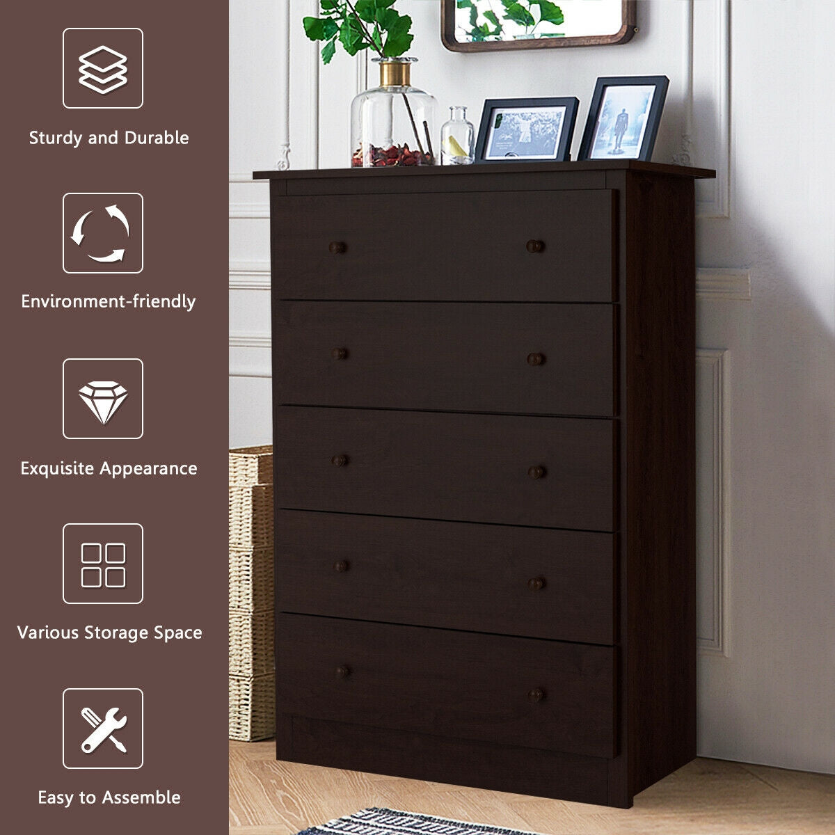 5-Drawer Dresser - Dark Brown (min order qty 2)-Dressers & Chests-DECOROLALA