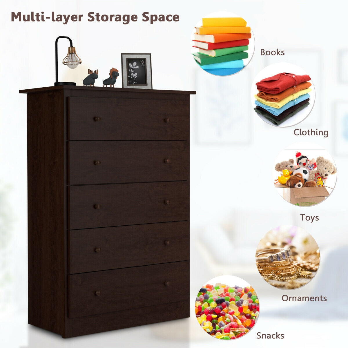 5-Drawer Dresser - Dark Brown (min order qty 2)-Dressers & Chests-DECOROLALA