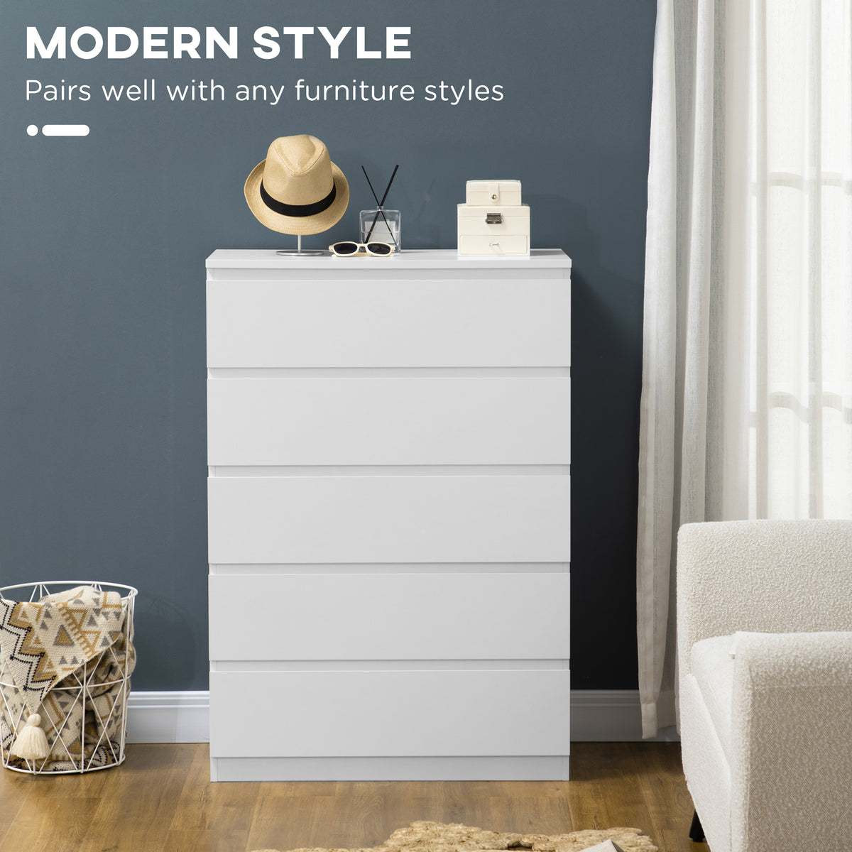 5-Drawer Dresser - White Modern MDF Chest of Drawers-Dressers & Chests-DECOROLALA