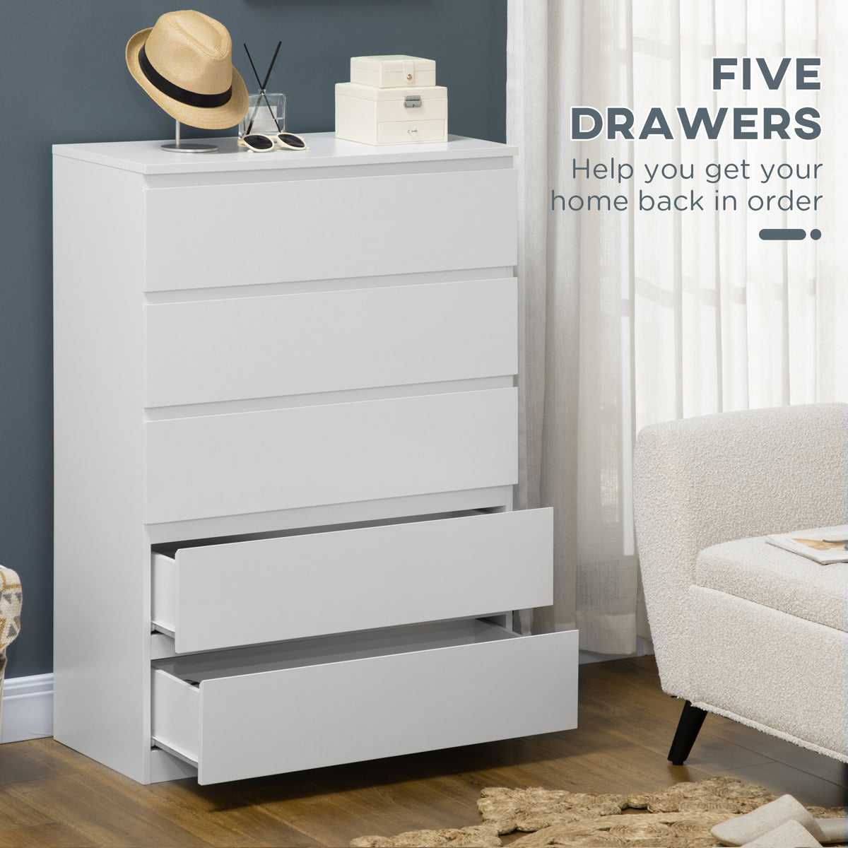 5-Drawer Dresser - White Modern MDF Chest of Drawers-Dressers & Chests-DECOROLALA