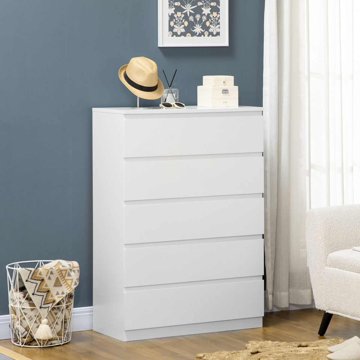 5-Drawer Dresser - White Modern MDF Chest of Drawers-Dressers & Chests-DECOROLALA