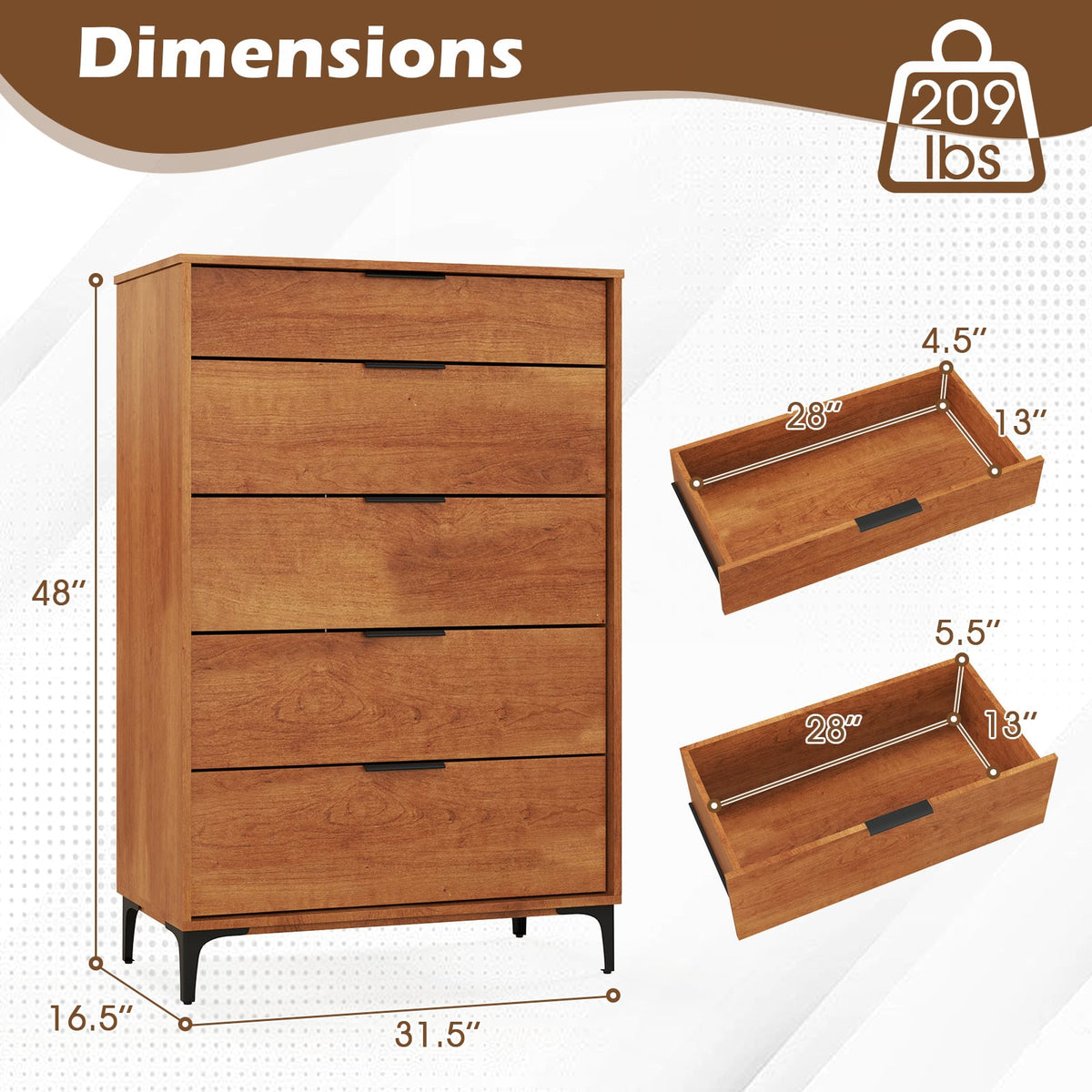 5-Drawer Dresser - Cherry (min order qty 2)-Dressers & Chests-DECOROLALA