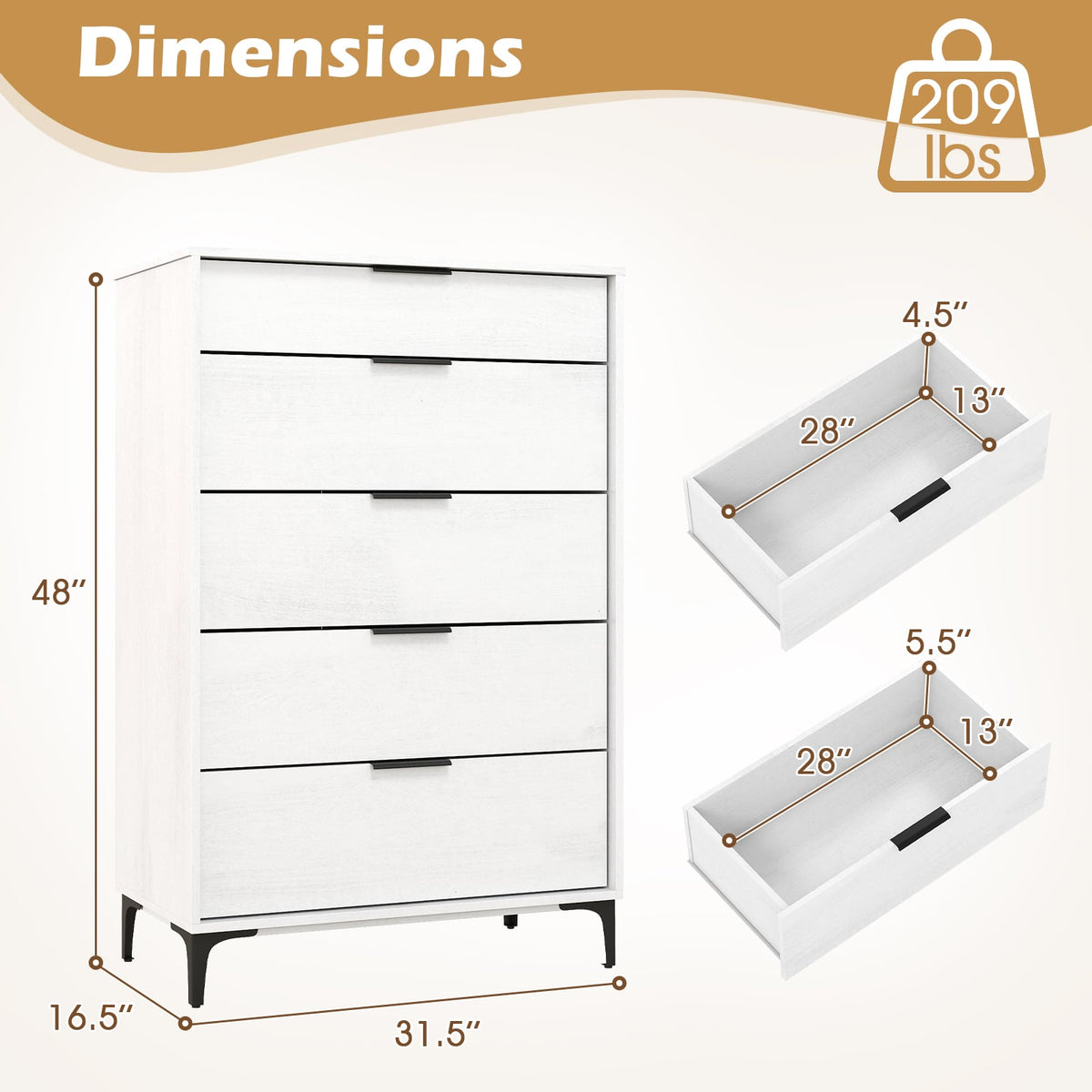 5-Drawer Dresser with Interlock System for Bedroom Living Room-White-Dressers & Chests-DECOROLALA