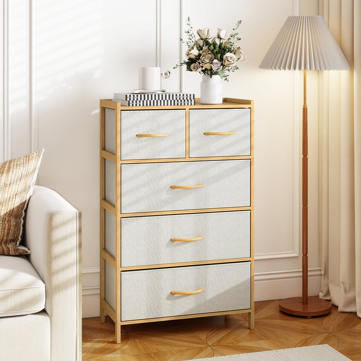 5-Drawer Dresser with Top Shelf for Bedroom-Natural-Dressers & Chests-DECOROLALA