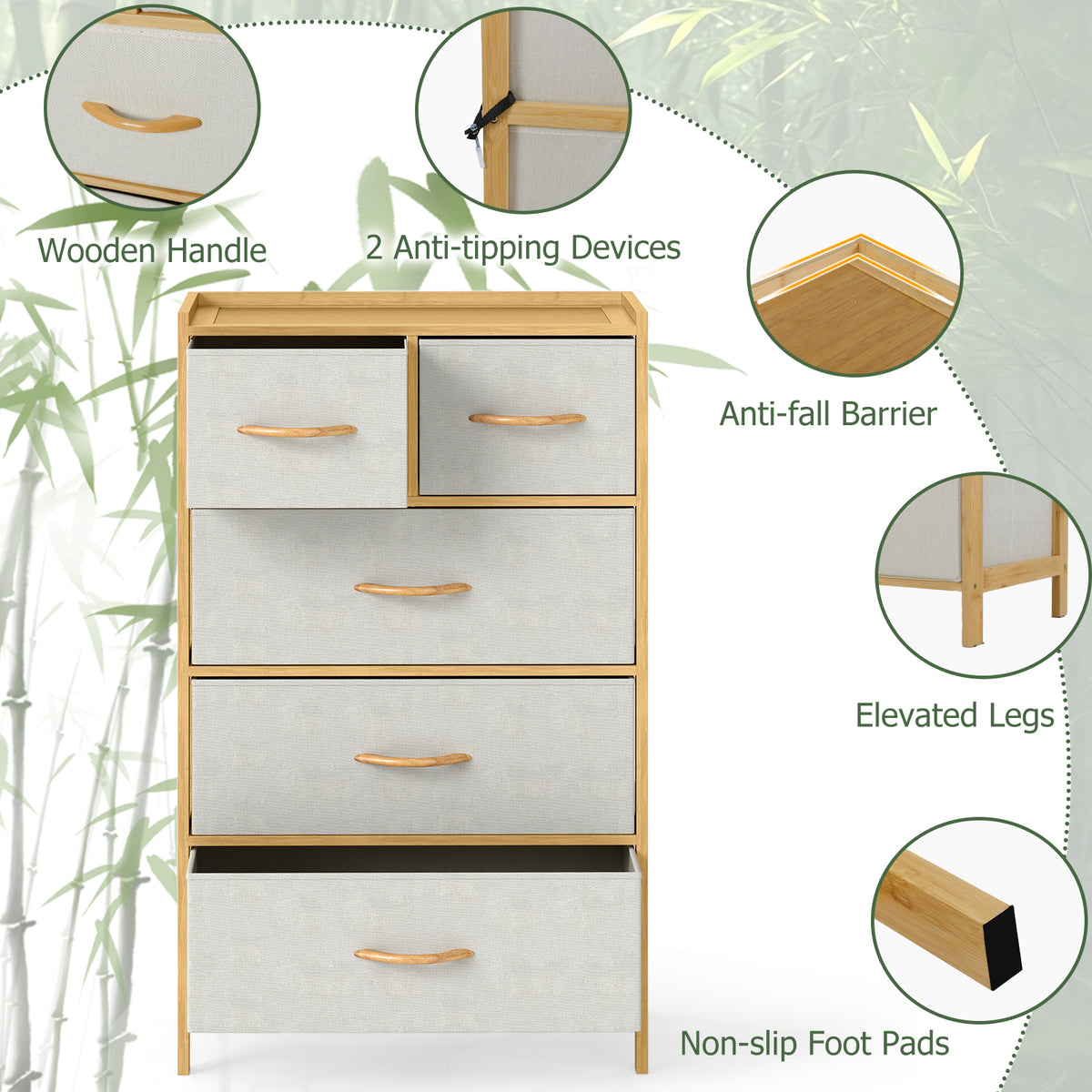 5-Drawer Dresser with Top Shelf for Bedroom-Natural-Dressers & Chests-DECOROLALA