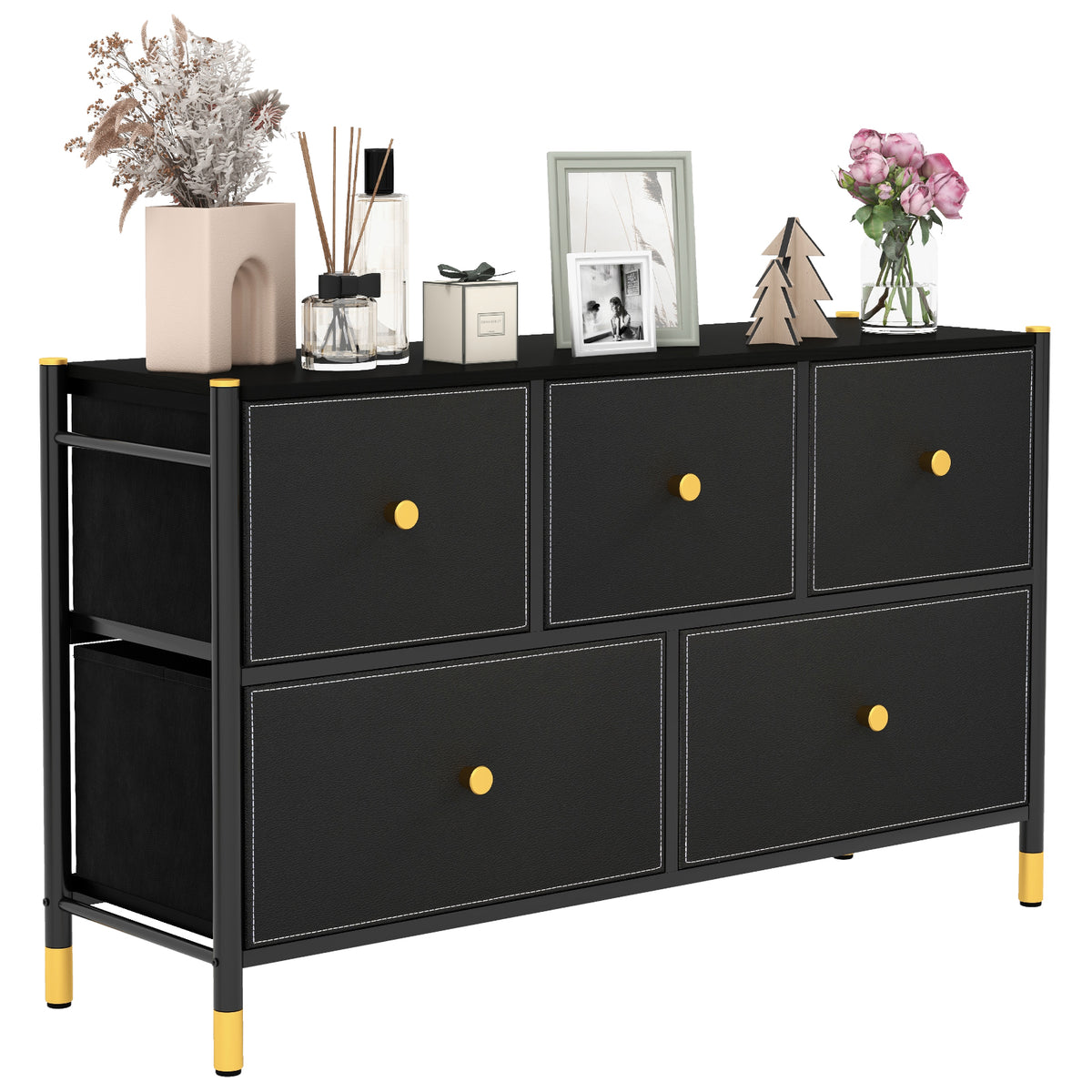 5-Drawer Fabric Dresser - Black (min order qty 2)-Dressers & Chests-DECOROLALA