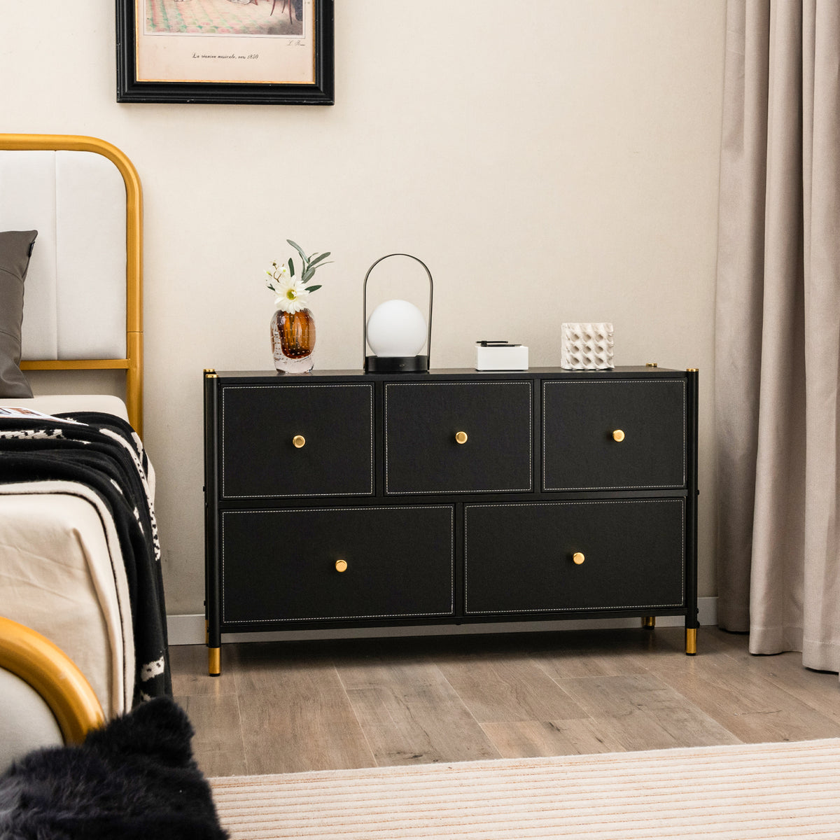 5-Drawer Fabric Dresser - Black (min order qty 2)-Dressers & Chests-DECOROLALA