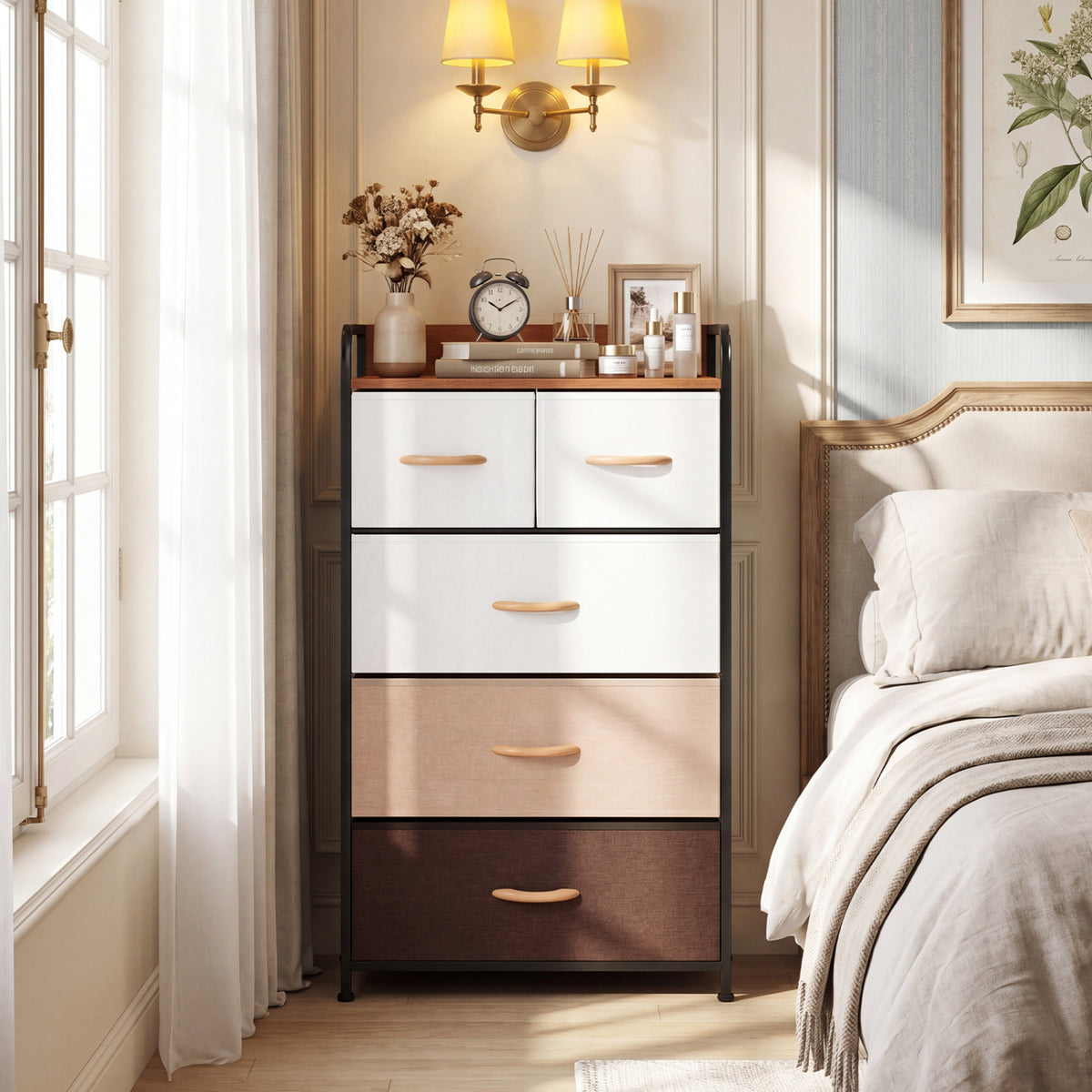 5-Drawer Fabric Dresser with Removable Fabric Bins-Multicolor-Dressers & Chests-DECOROLALA
