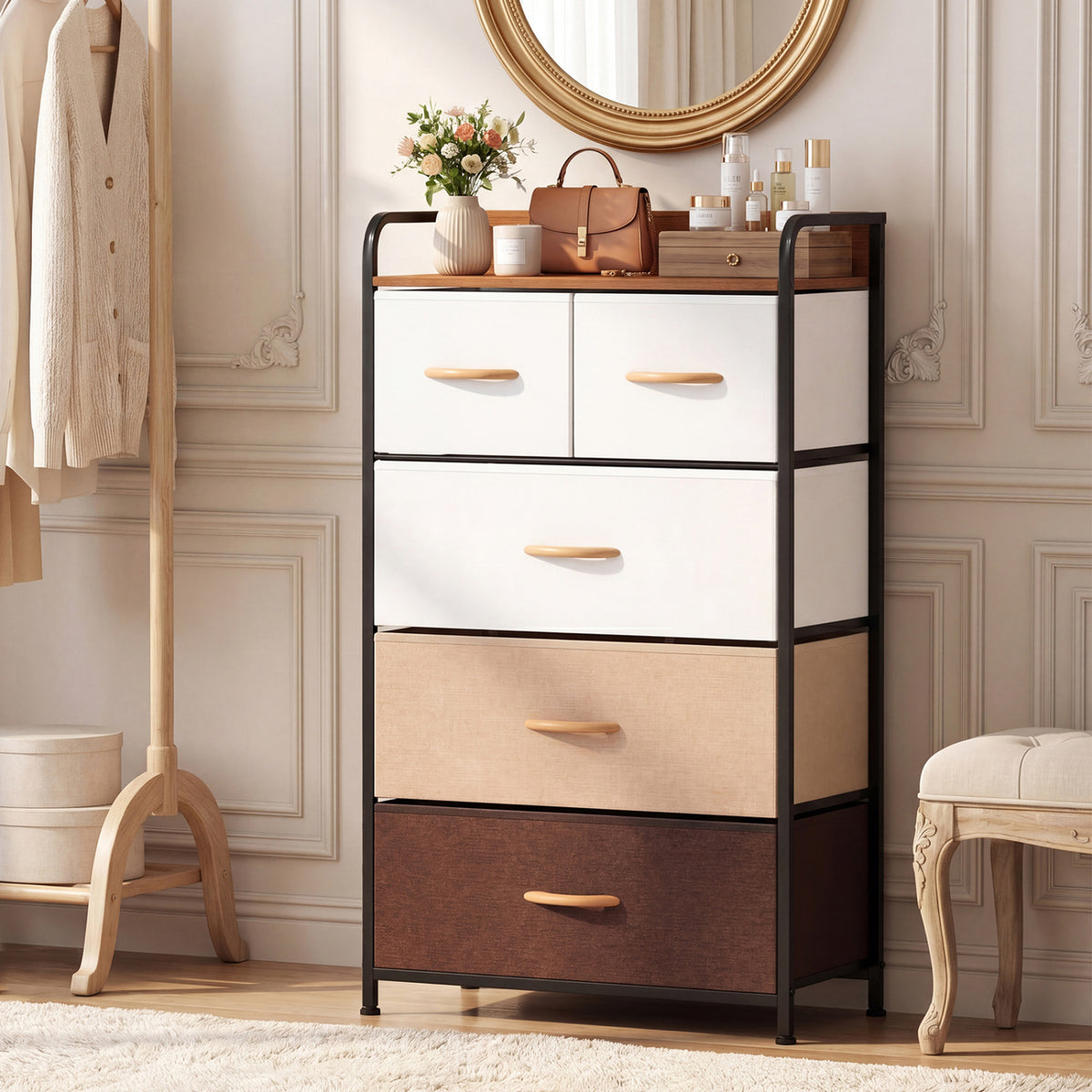 5-Drawer Fabric Dresser with Removable Fabric Bins-Multicolor-Dressers & Chests-DECOROLALA
