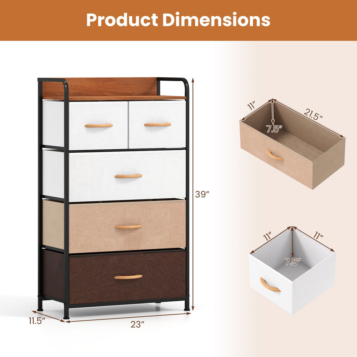 5-Drawer Fabric Dresser with Removable Fabric Bins-Multicolor-Dressers & Chests-DECOROLALA
