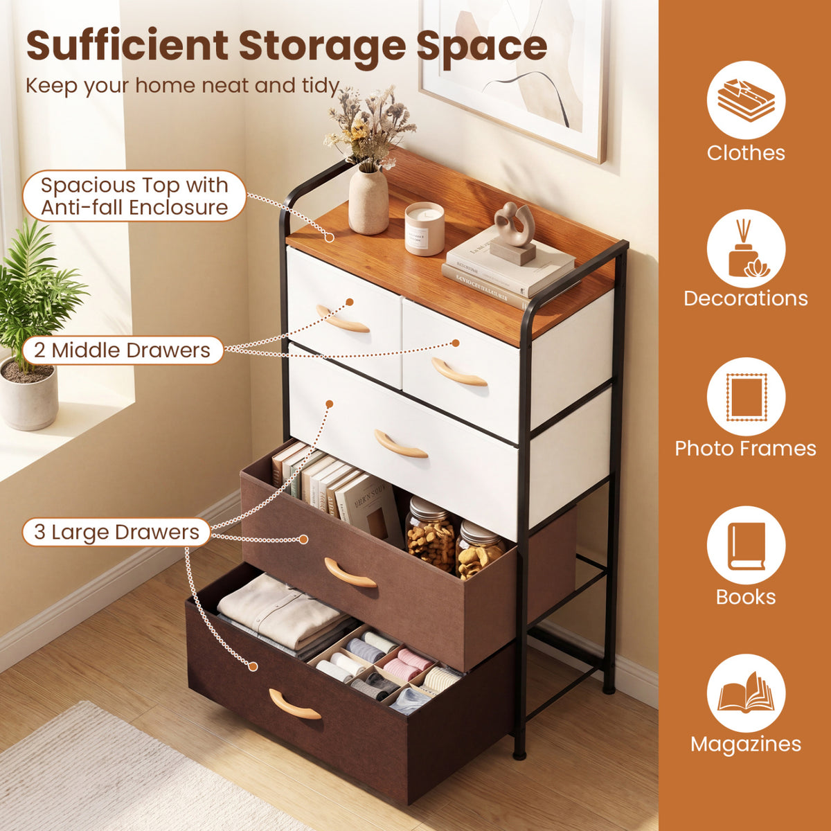 5-Drawer Fabric Dresser with Removable Fabric Bins-Multicolor-Dressers & Chests-DECOROLALA
