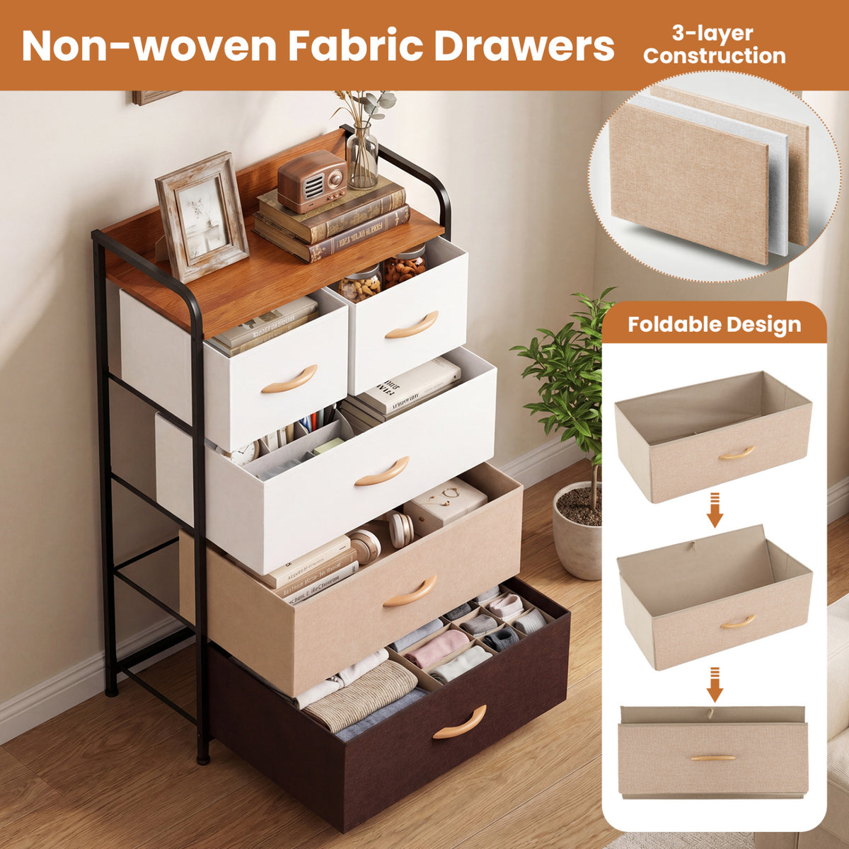 5-Drawer Fabric Dresser with Removable Fabric Bins-Multicolor-Dressers & Chests-DECOROLALA