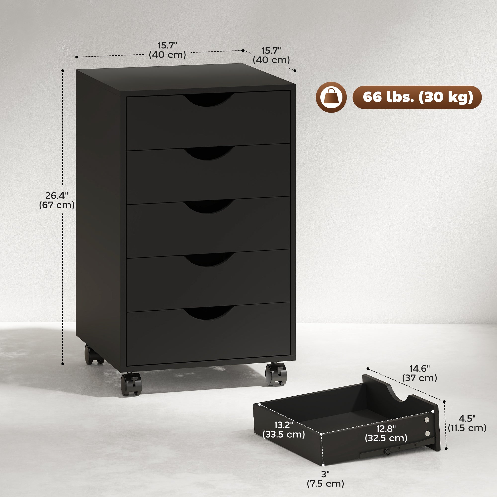 5-Drawer File Cabinet with Wheels - Black MDF 15.7" x 26.4"-Office Products > Office Furniture > Office Cabinets & Cupboards-DECOROLALA