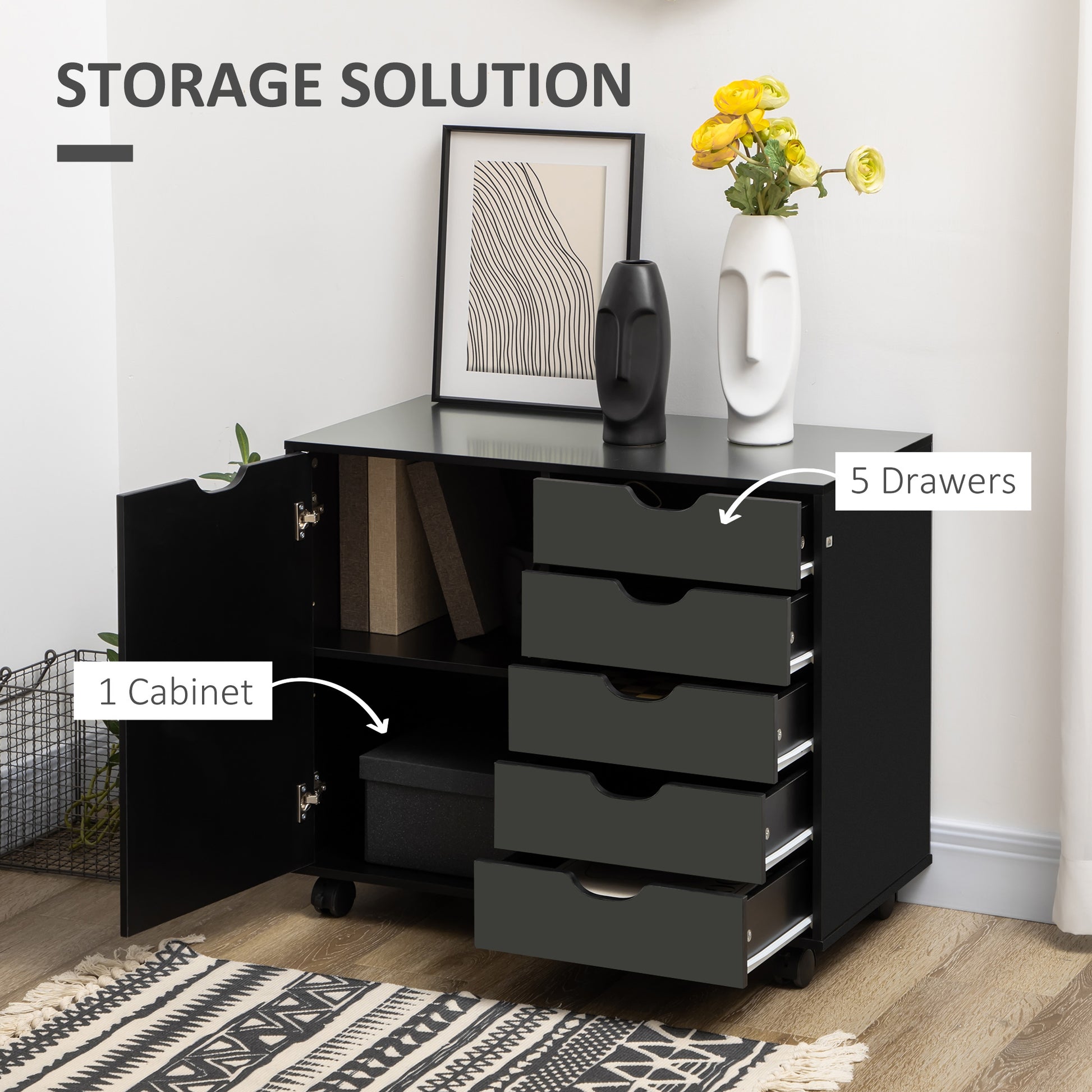 5-Drawer Filing Cabinet, Black Mobile Office Storage, Adjustable Shelf, Printer Stand-DECOROLALA