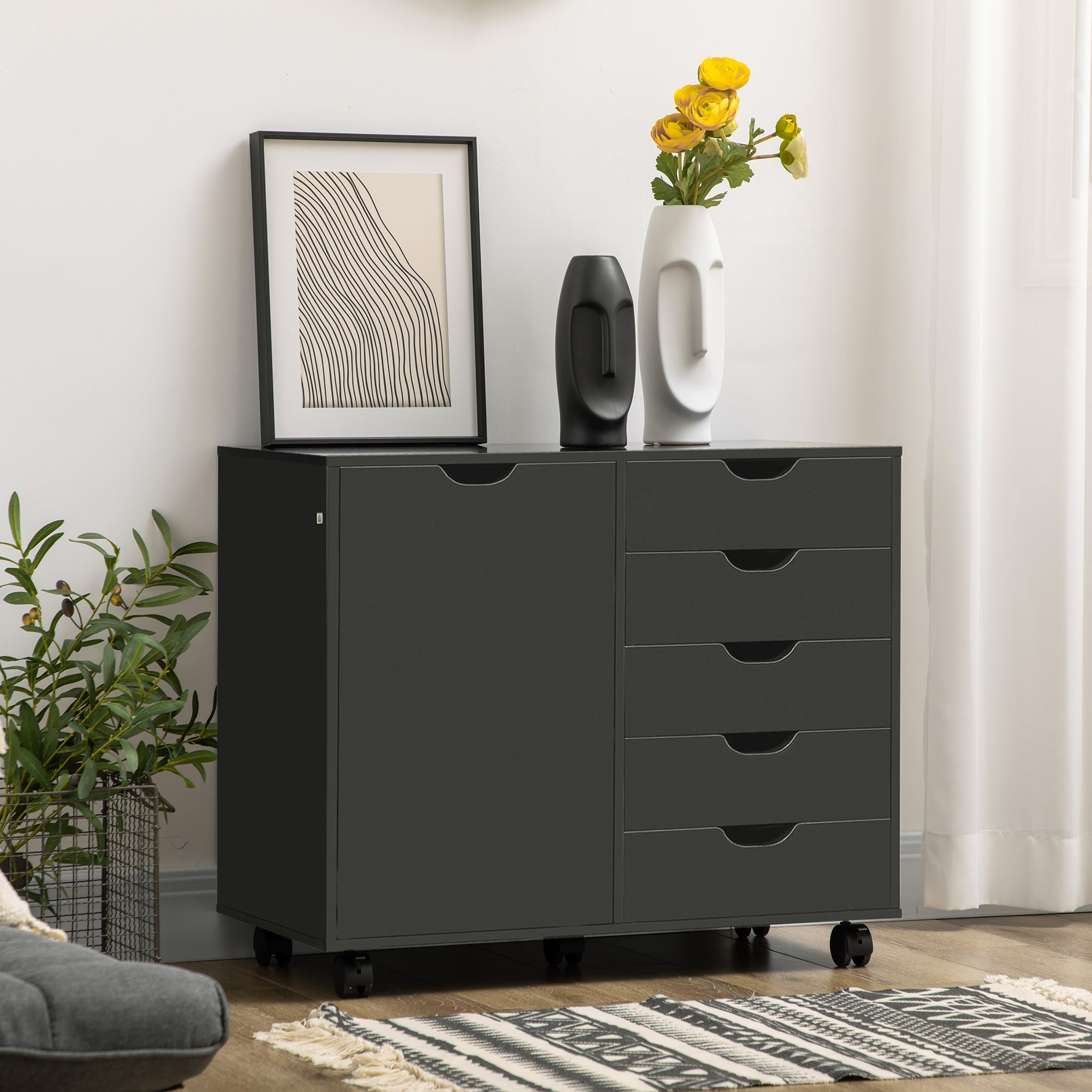 5-Drawer Filing Cabinet, Black Mobile Office Storage, Adjustable Shelf, Printer Stand-DECOROLALA
