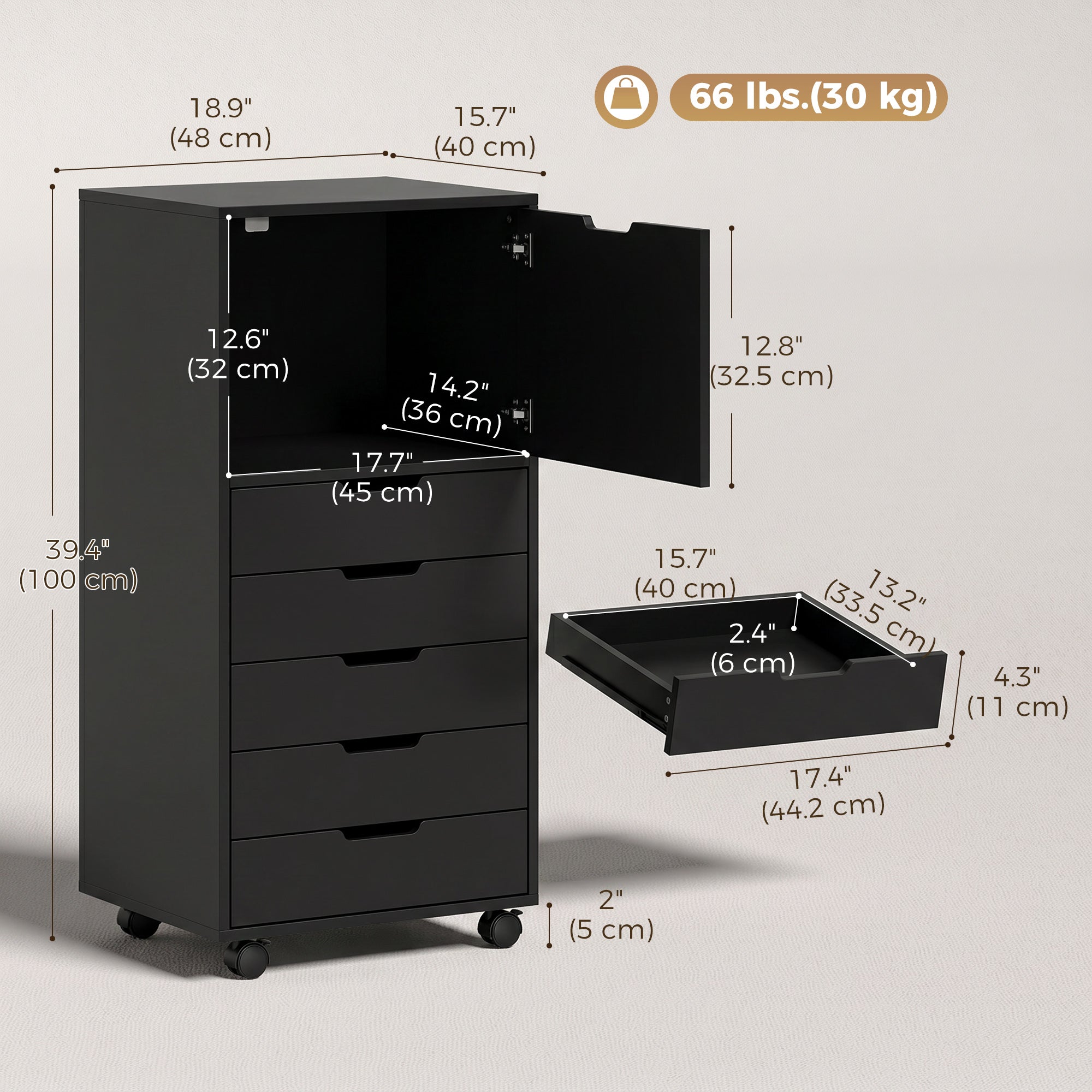 5-Drawer Mobile File Cabinet & Printer Stand - Black 39" H-Office Products > Office Furniture > Office Cabinets & Cupboards-DECOROLALA