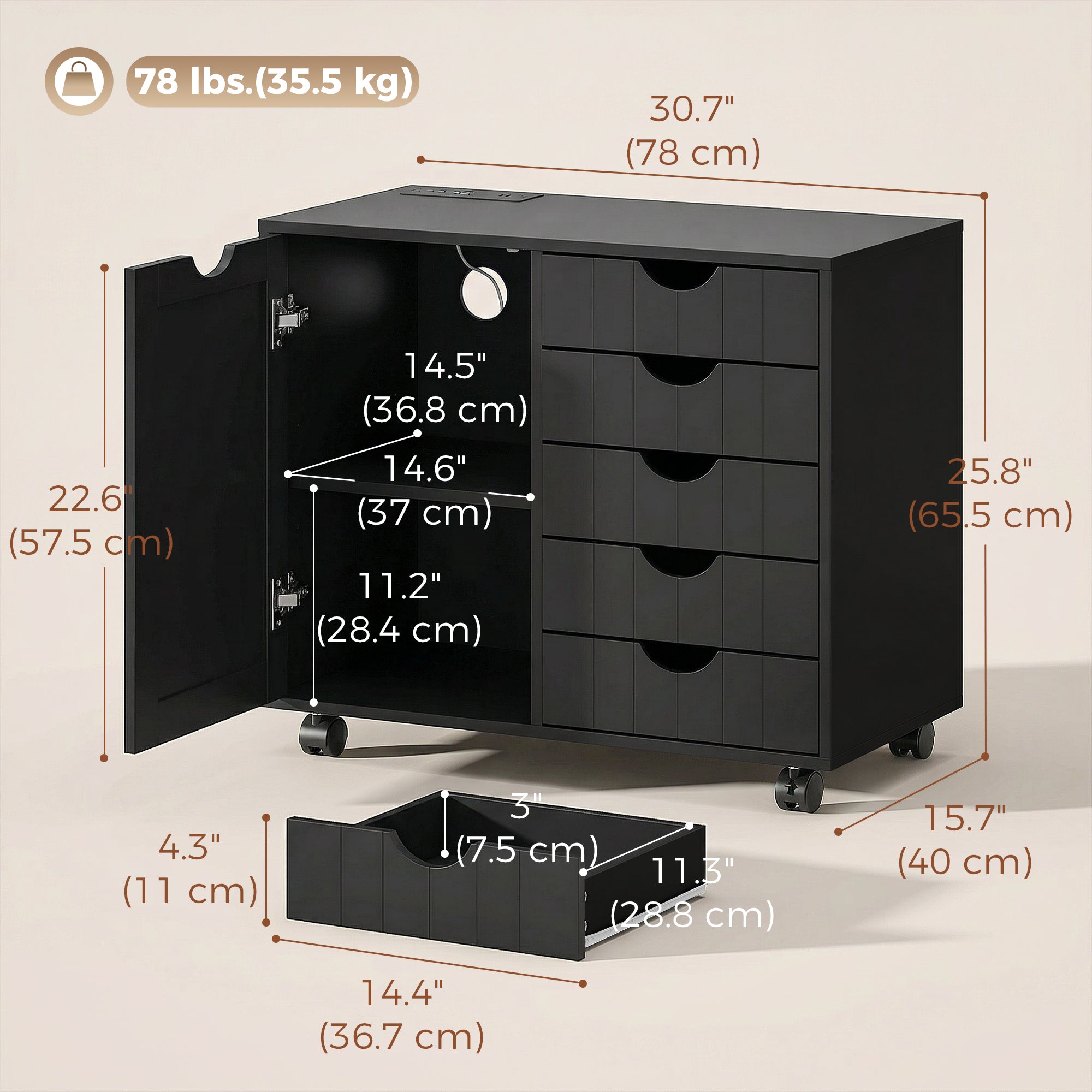 5-Drawer Mobile Printer Stand with Charging Station - Black-Office Products > Office Furniture > Office Cabinets & Cupboards-DECOROLALA