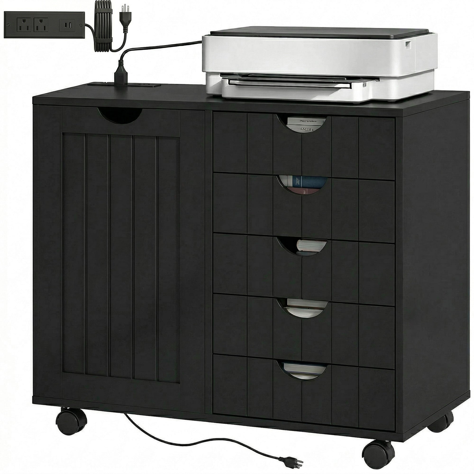 5-Drawer Mobile Printer Stand with Charging Station - Black-Office Products > Office Furniture > Office Cabinets & Cupboards-DECOROLALA