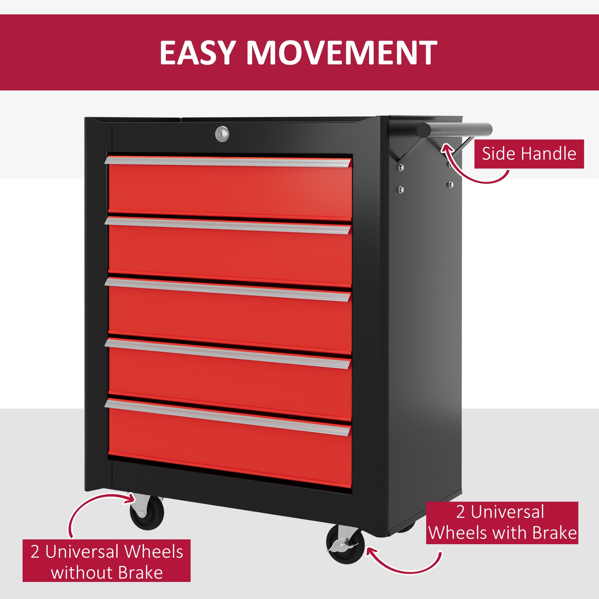 5-Drawer Roller Tool Chest - Steel Lockable Black/Red-DECOROLALA