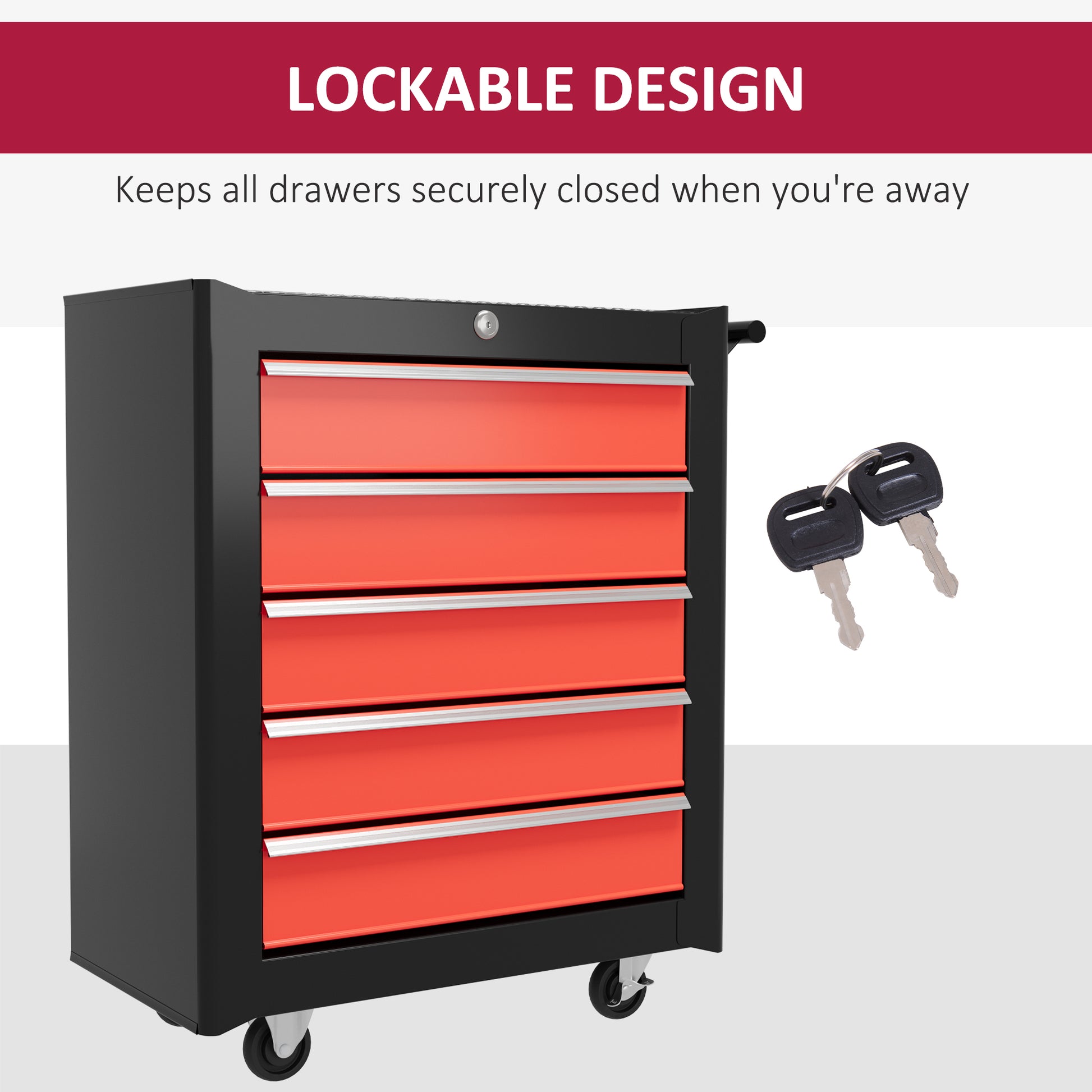 5-Drawer Roller Tool Chest - Steel Lockable Black/Red-DECOROLALA