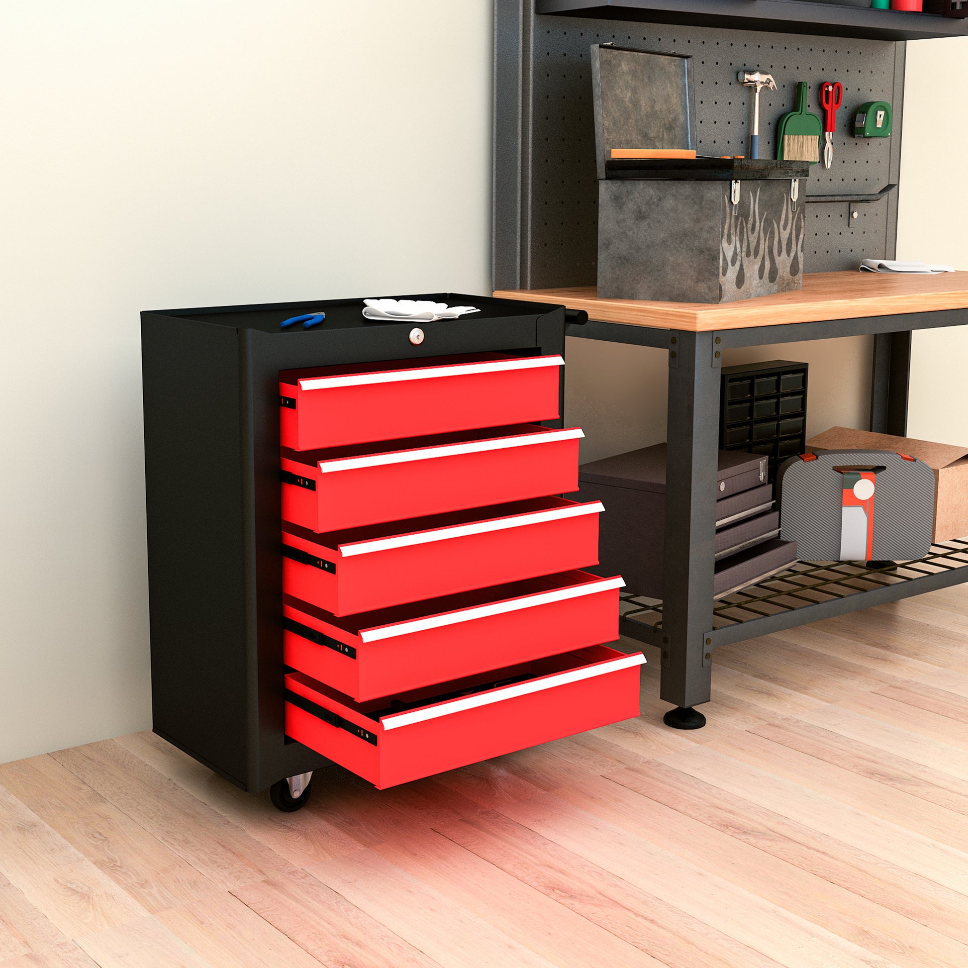 5-Drawer Roller Tool Chest - Steel Lockable Black/Red-DECOROLALA
