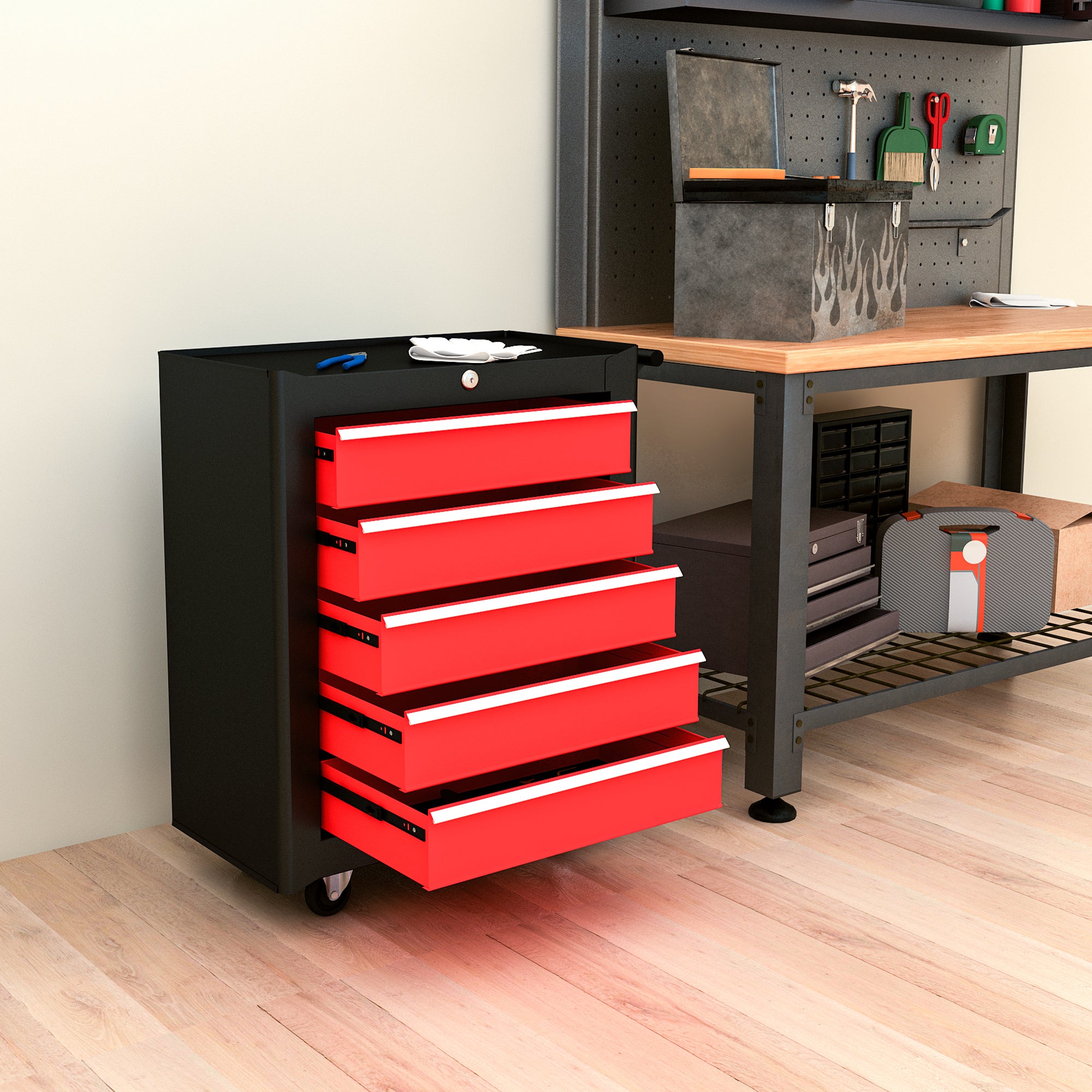 5-Drawer Roller Tool Chest - Steel Lockable Black/Red-DECOROLALA