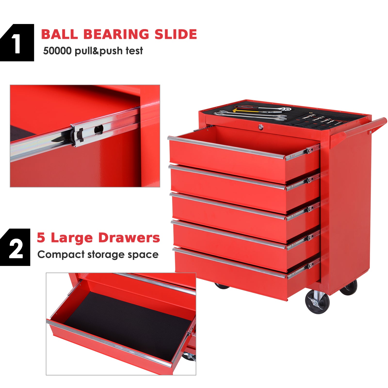 5-Drawer Rolling Steel Tool Chest - Red 27"L x 30"H-DECOROLALA